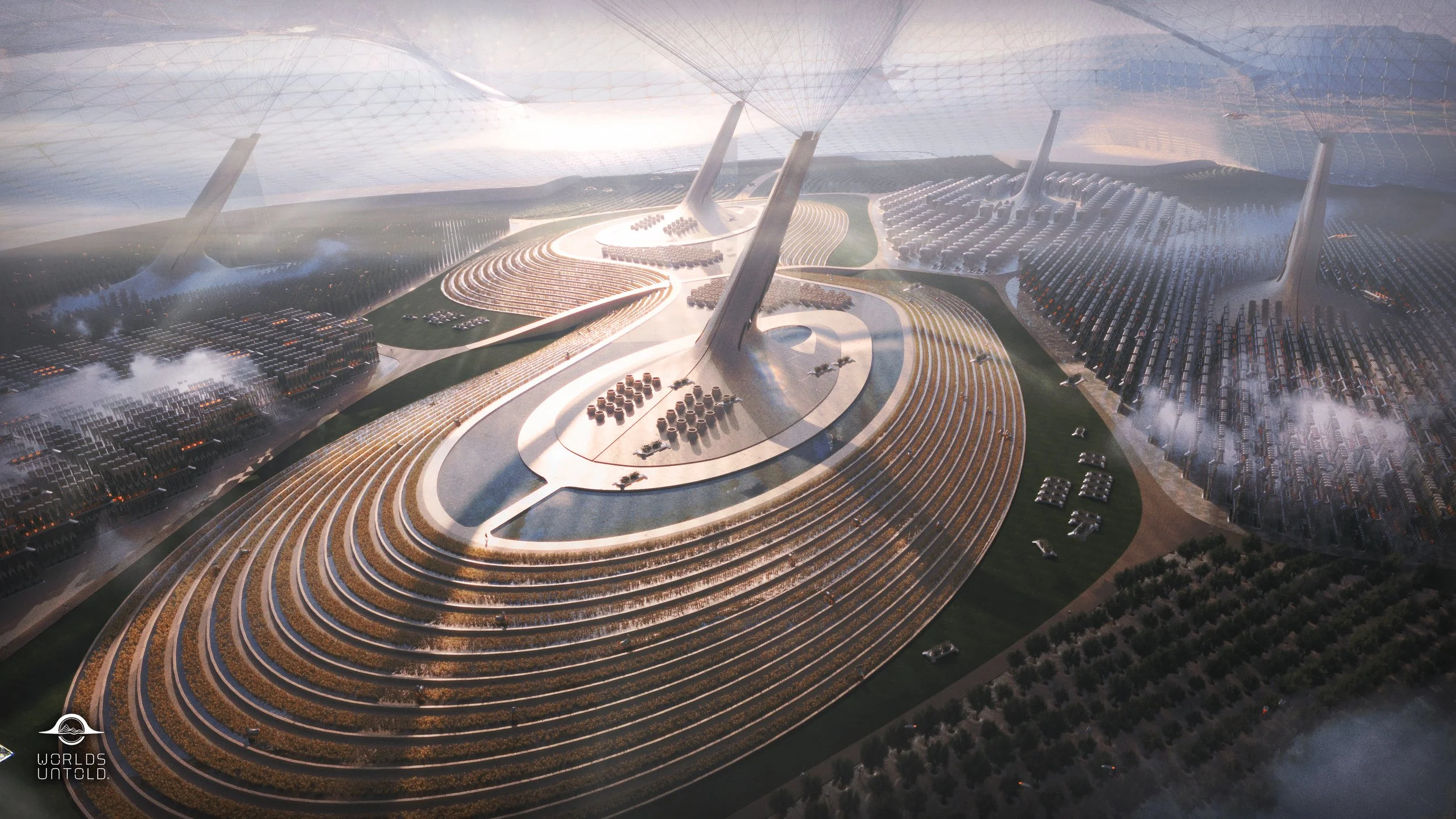 Futuristic cityscape with large, curved terraced buildings, tall towers with spires, and numerous solar panels, surrounded by greenery and roads.