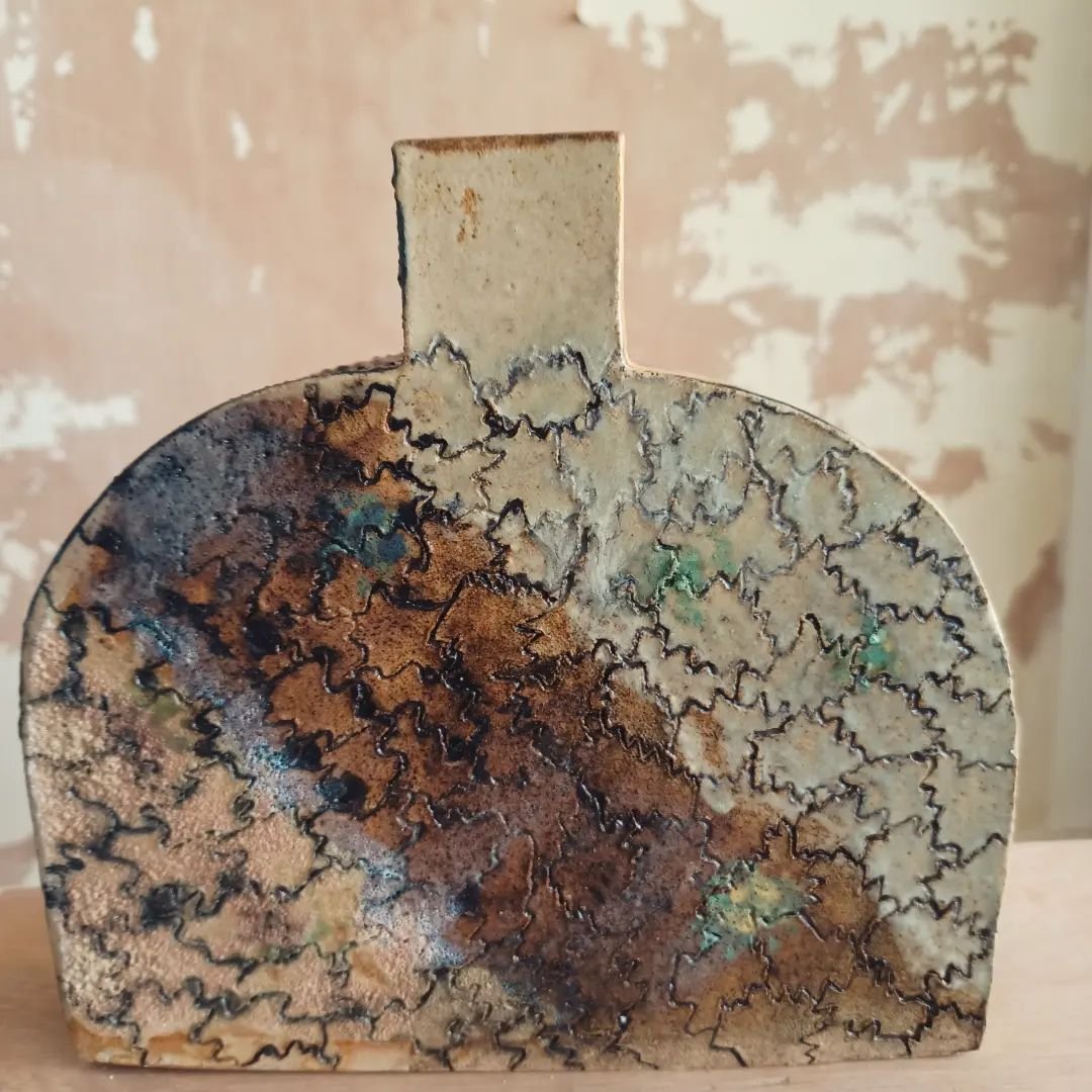 2 sides of this piece showing off some colourful textured designs

#stleonardsceramics 
#ceramics 
#pottery 
#handbuilding