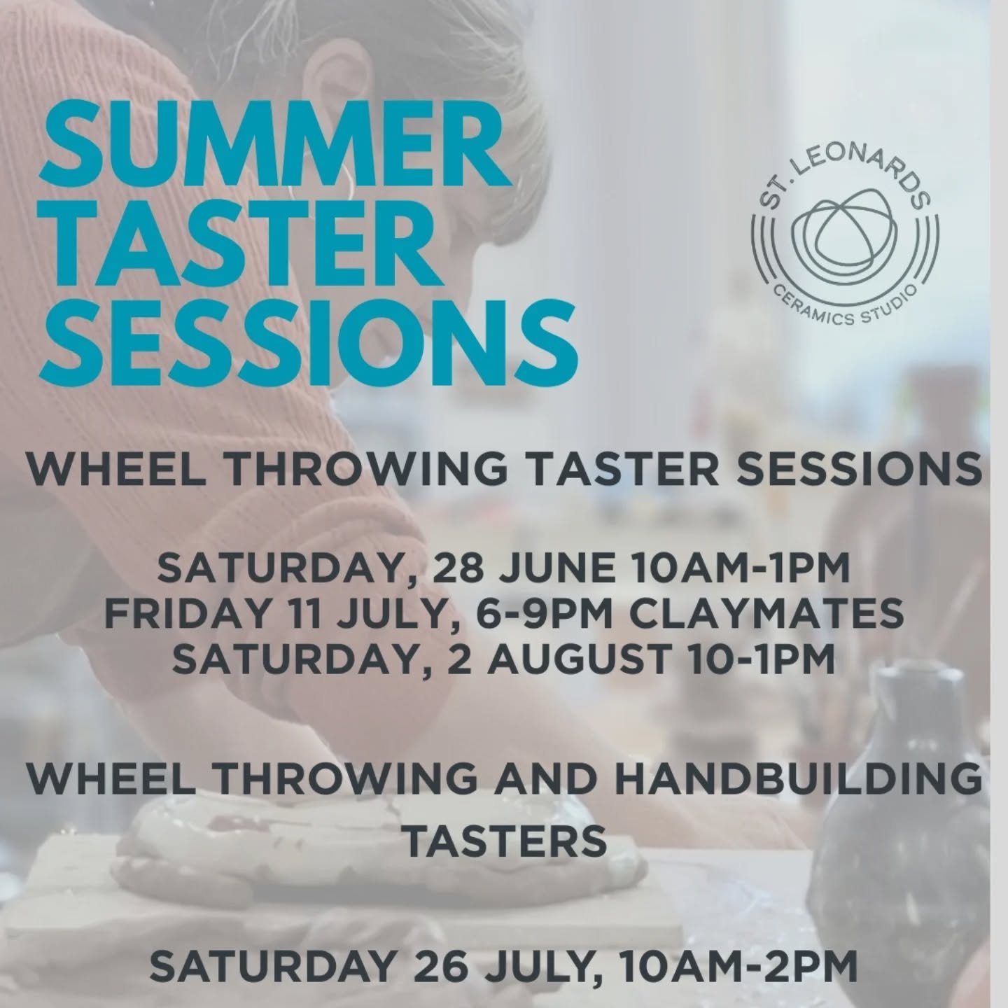 Check out our new taster dates for this summer
There is a Friday night Claymates for dates, mates or come meet new people, 11 July. 

Booking online, link in bio
