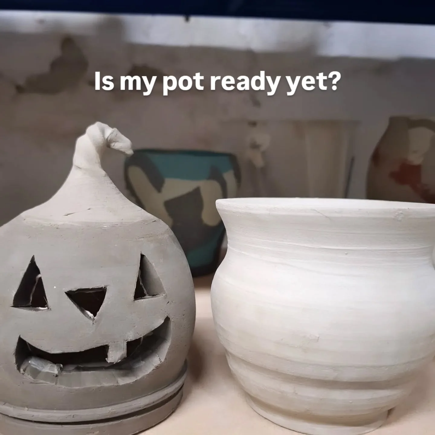 Is my pot ready yet? 
Often said by students who come in the week after they have put their work on the shelves for the first firing (bisque fire).
The photos show a dried piece, which is lighter, next to the darker pieces that are wet or at varying 