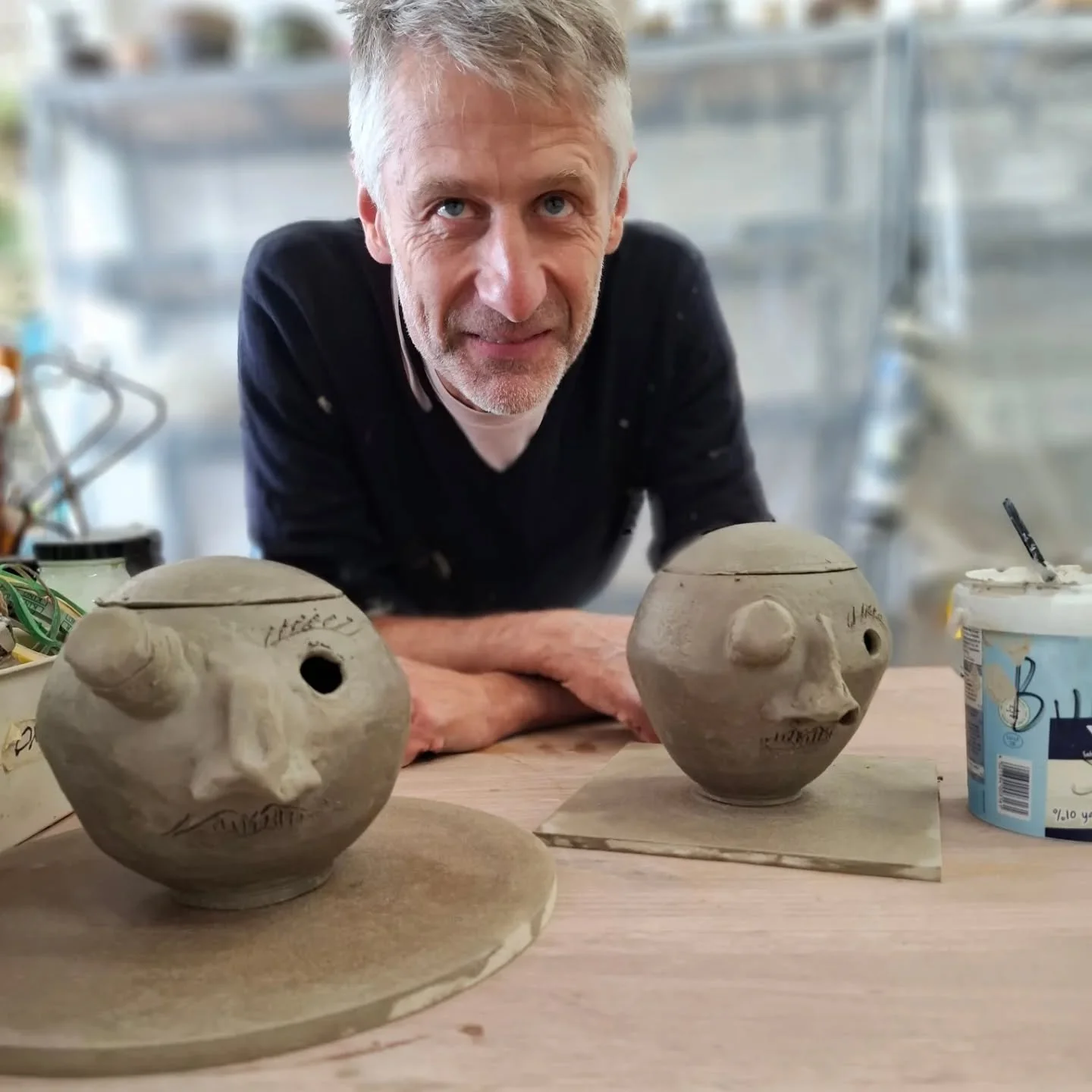Here's Luke's moon jar maquettes in preparation for his own face that he will  cast and put on the larger one. 
Good luck- so excited to see how they turn out. 
#stleonardsonsea 
#ceramics 
#ceramicart 
#potterystudio 
#potteryclass