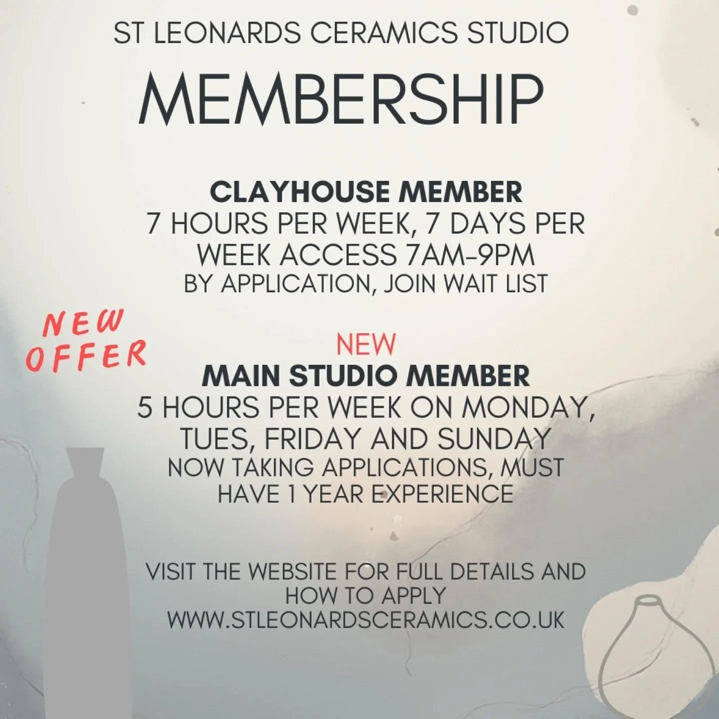NEW MEMBERSHIP PLAN

In addition to our current Clayhouse Membership (which is full with a waitlist), we will start the new year with Main Studio Membership.

Choose from 5 or 7 hours per week plan, access Monday 1-6pm, Tues 1-6pm, Friday 10-6, and S