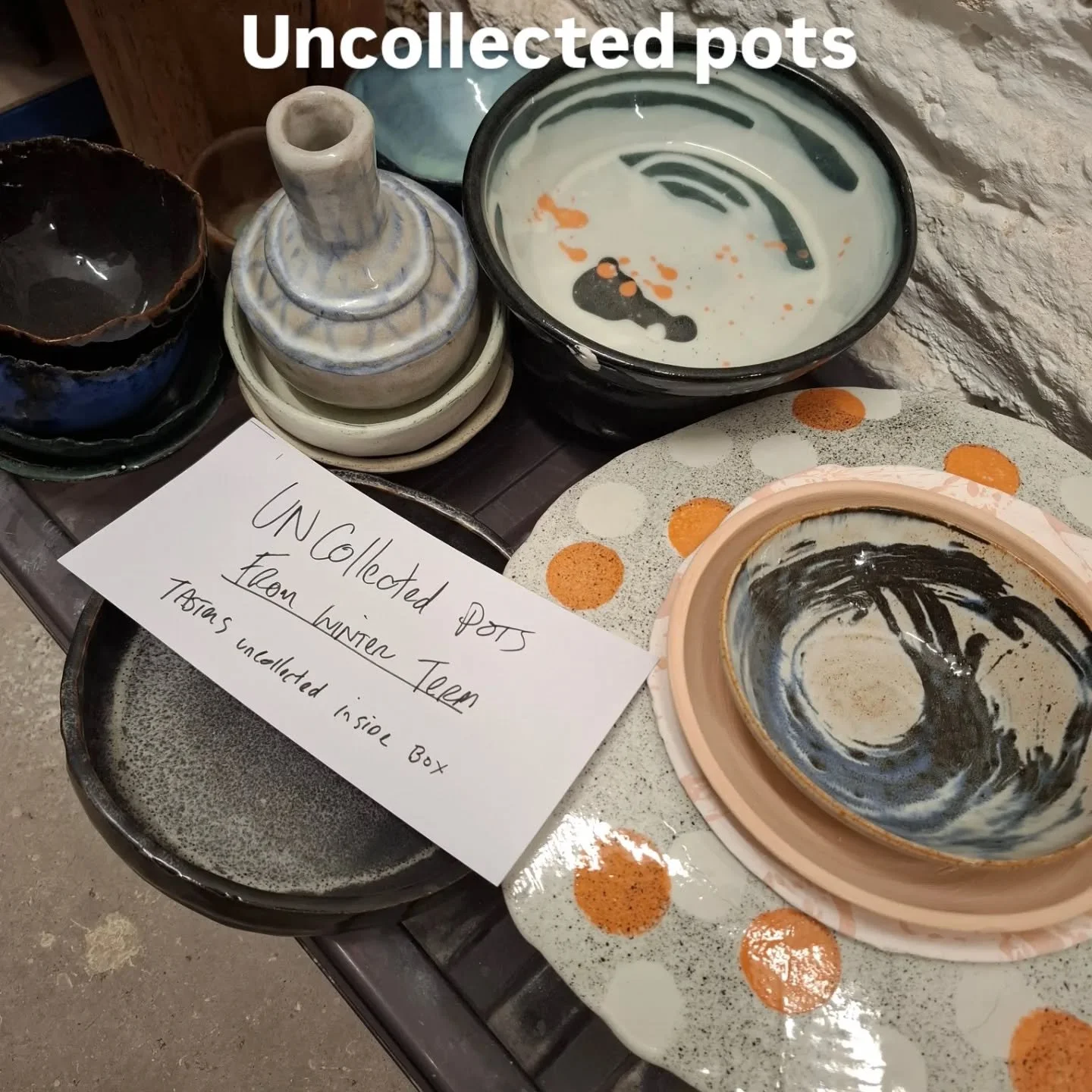 Please come collect your pots that have been made since the start of the year.
 
We have a full box of tasters not claimed yet and students work from last term. We cannot store them for too much longer as they take up space and work gets damaged the 