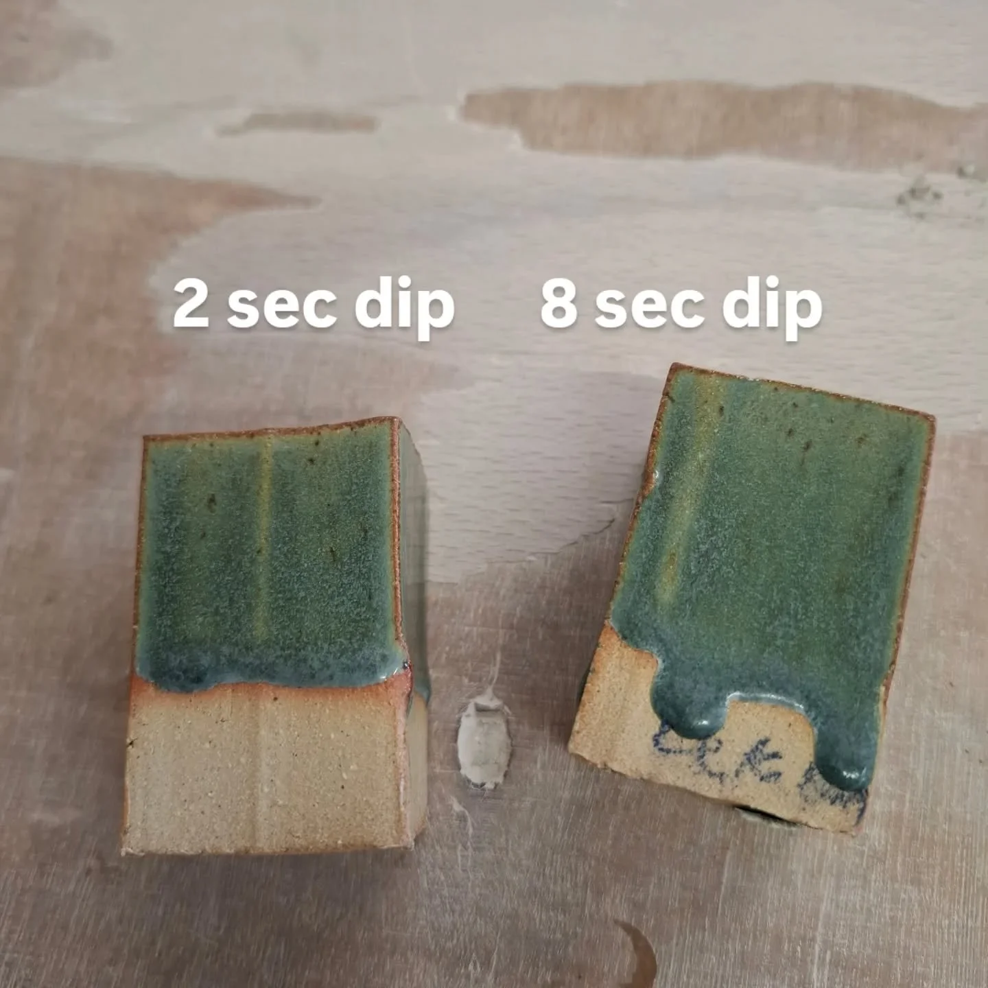 We've had lots students using our celadon and green glazes, which can be runny if not applied correctly. 

Here is the difference between the recommended in and out dip vs a long dip of 8 seconds. 

You can see how much it ran. 

We want you to get t