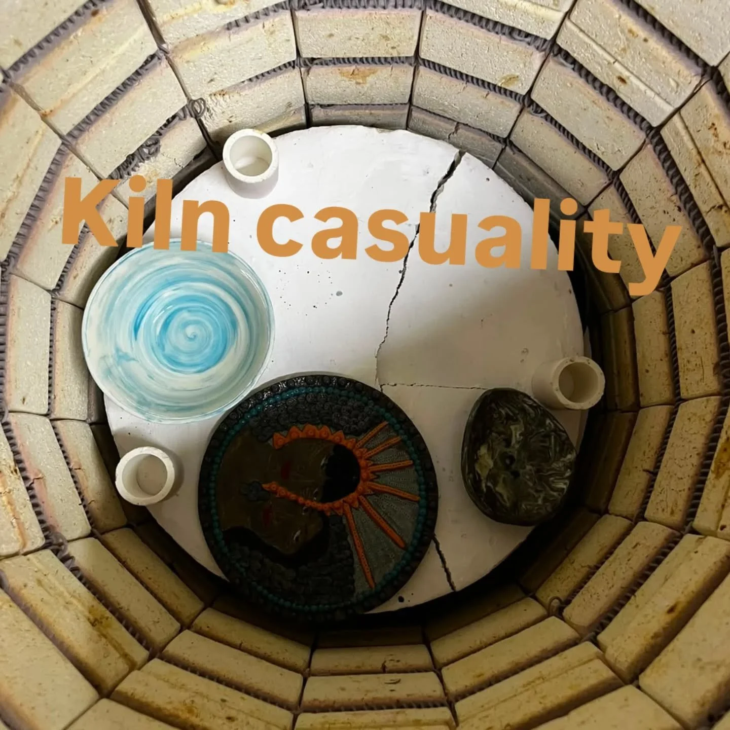 We had a kiln shelf break in the glaze firing. There is nothing we could have done to prevent this, luckily only a couple of broken pieces, which is remarkable given that it was on the bottom and the shelves above held up. Other than losing a shelf, 