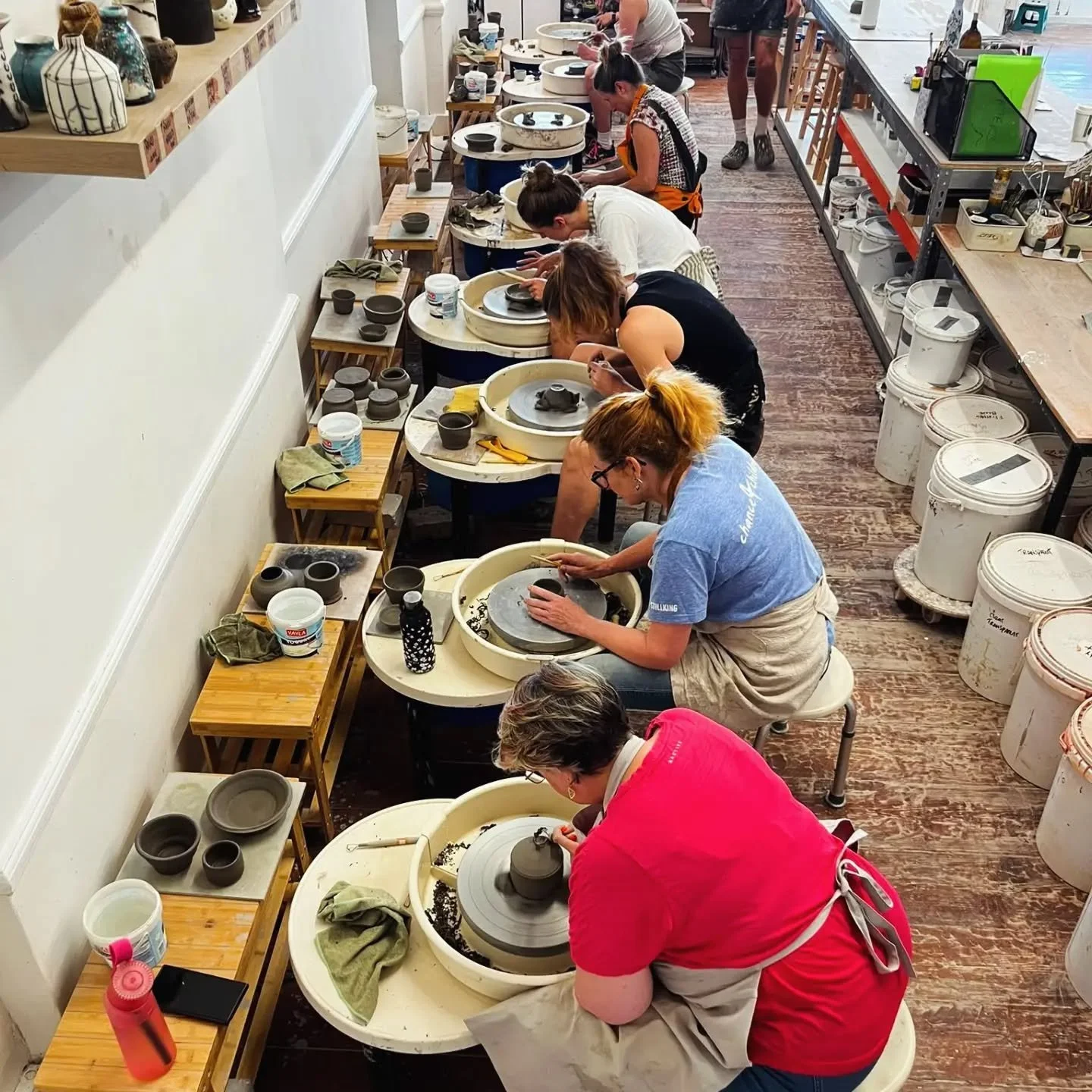 Wheel throwing in our studio is taught by our teachers who have many years of experience in their practice.  We support our students throughout their whole journey of learning, throwing, trimming, surface decoration and glazing in all of our wheel th