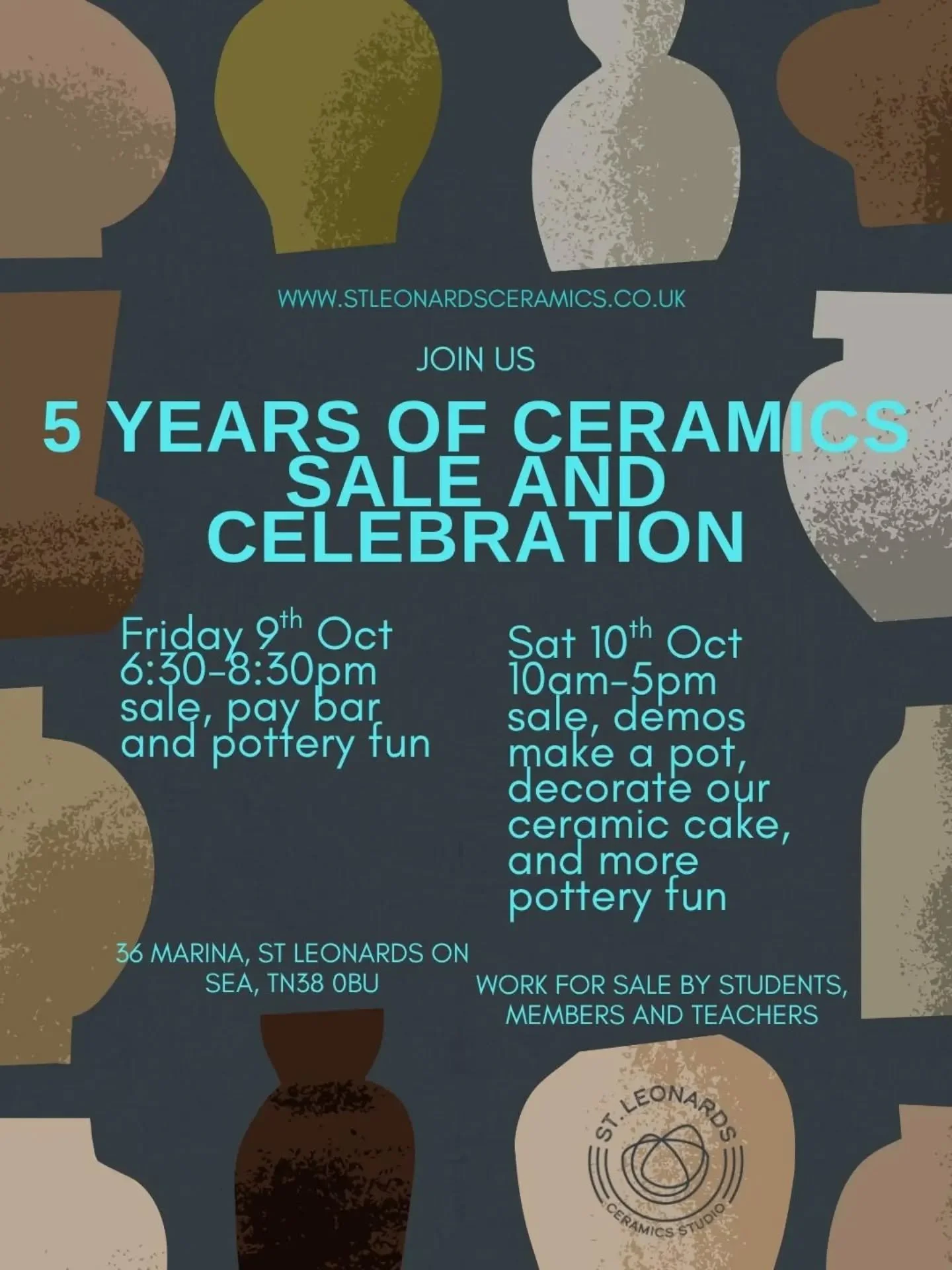 Come celebrate 5 years with us. 
Friday night bar, DJ, pottery fun, cake and sale. 

Saturday the sale continues, cake, demonstrations, have a go on the wheel, help us create our clay cake and more pottery fun. 

Free- humans, children and dogs all w