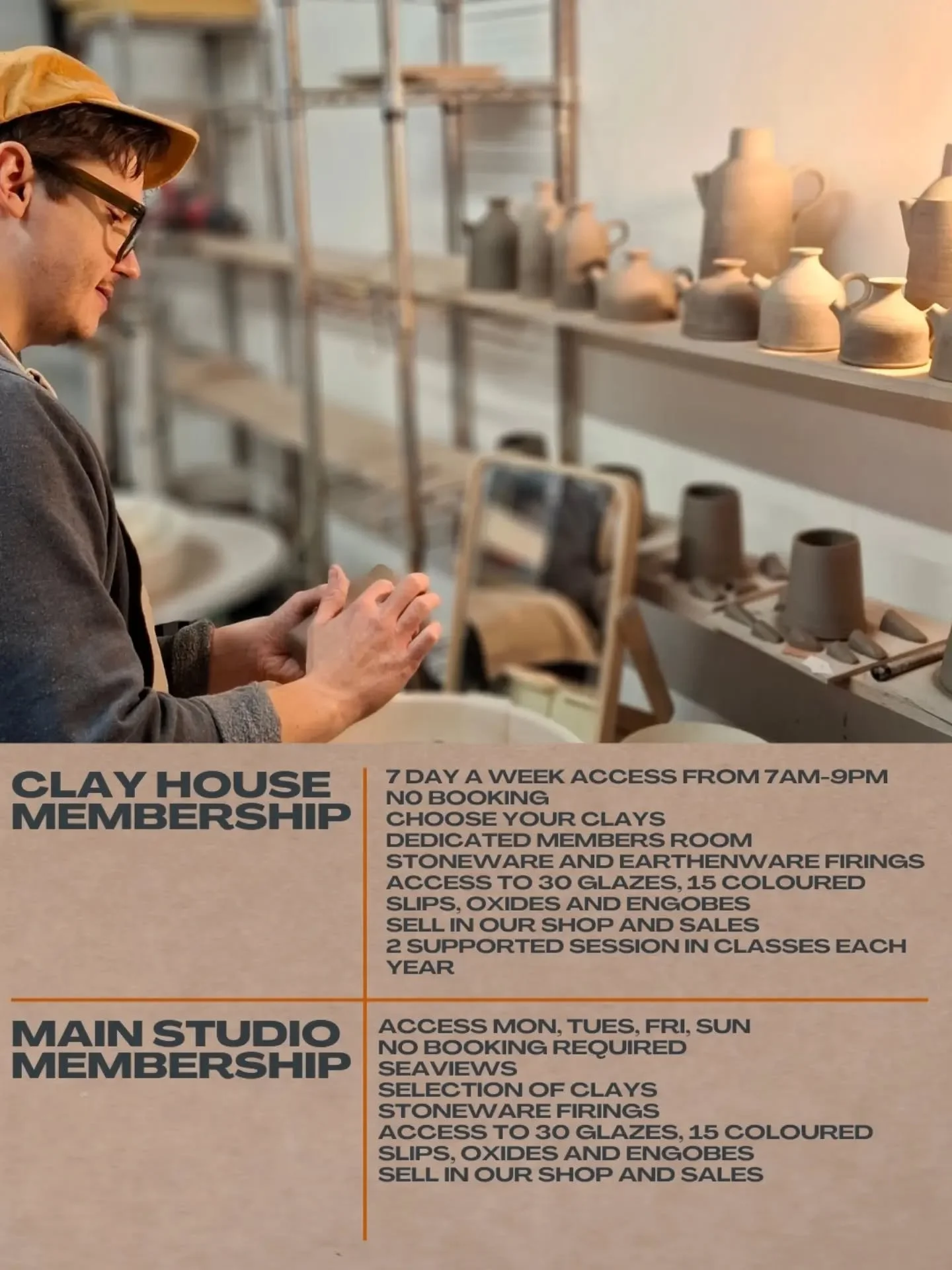 We are a accepting members in the Main Studio for either wheel throwers or hand builders. 
Also hand builders in the Clayhouse Members room. 
You should have a minimum 1 year of experience, head to the website for full details of what's in included i