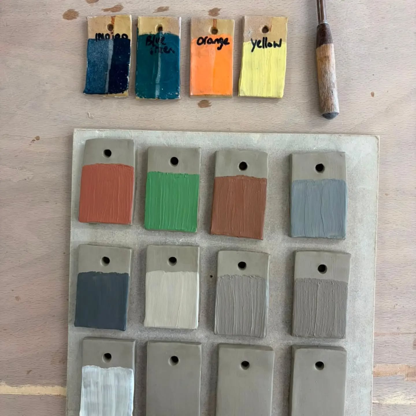 We are updated our glaze test tile board. Starting with our 15 coloured slips, each one dipped in transparent and clear matte glaze. 
Expect to see more tiles and mixes with our 30 glazes, oxides, pencils, and engobes. 

#stleonardsceramics
#ceramics