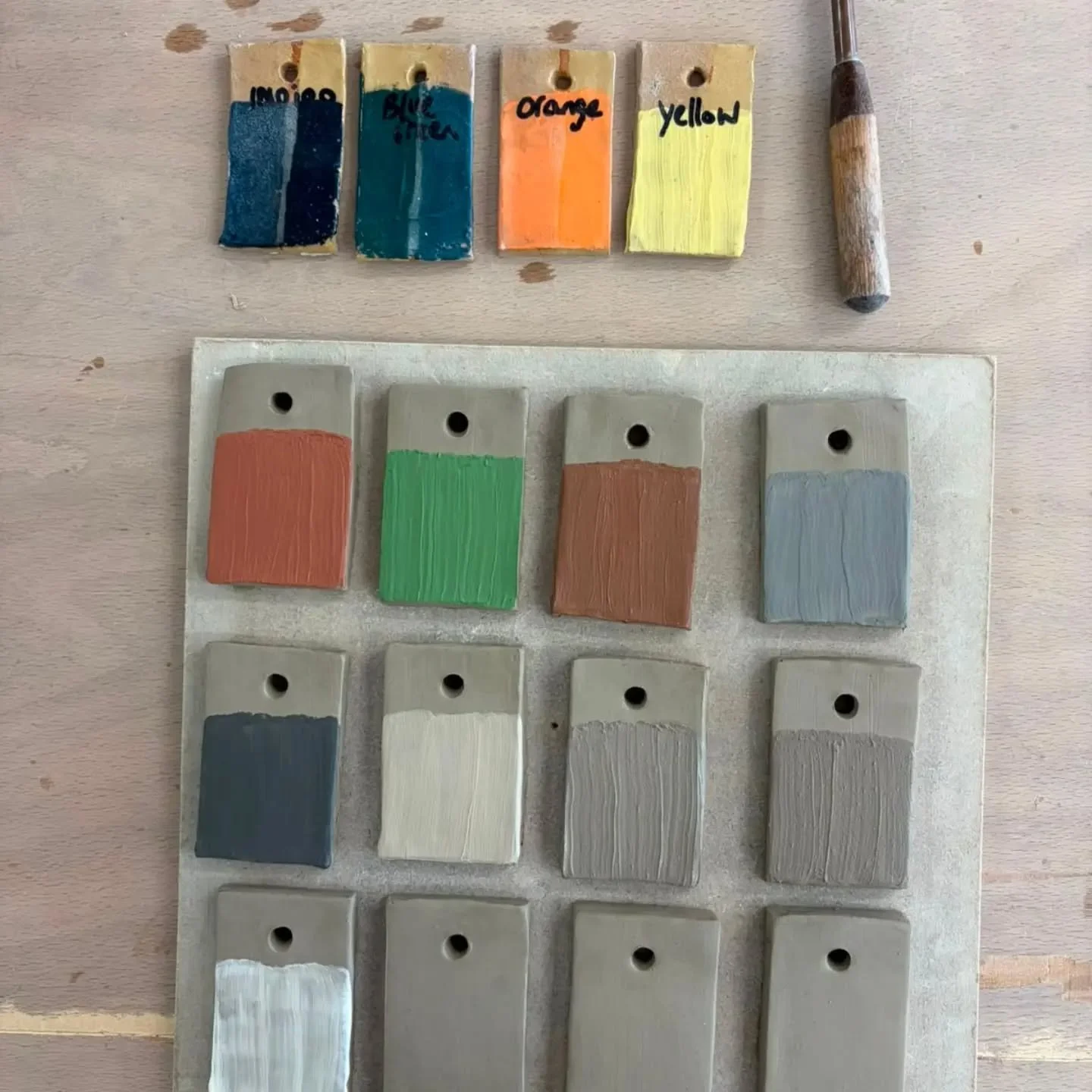 We are updated our glaze test tile board. Starting with our 15 coloured slips, each one dipped in transparent and clear matte glaze. 
Expect to see more tiles and mixes with our 30 glazes, oxides, pencils, and engobes. 

#stleonardsceramics
#ceramics