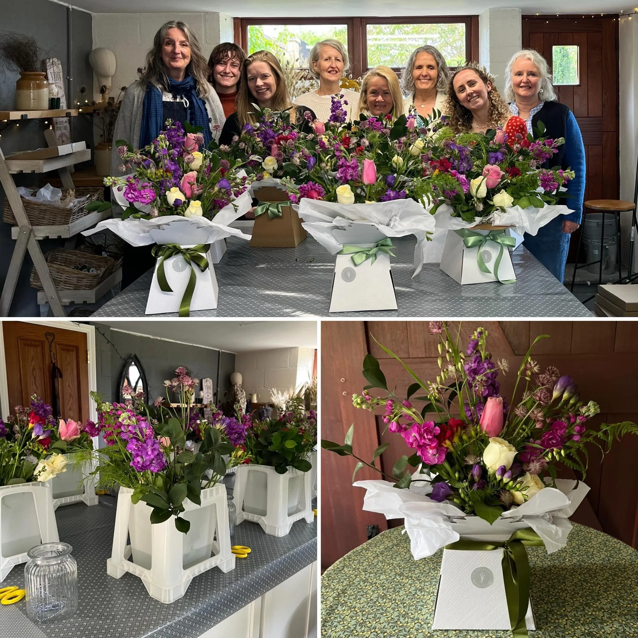 A Hen Party Flower Arranging Workshop, we are starting to introduce more garden grown flowers including lovely ferns, astrantia and quaking grass but it seems like the annuals are still a long way off due to the recent cold weather.