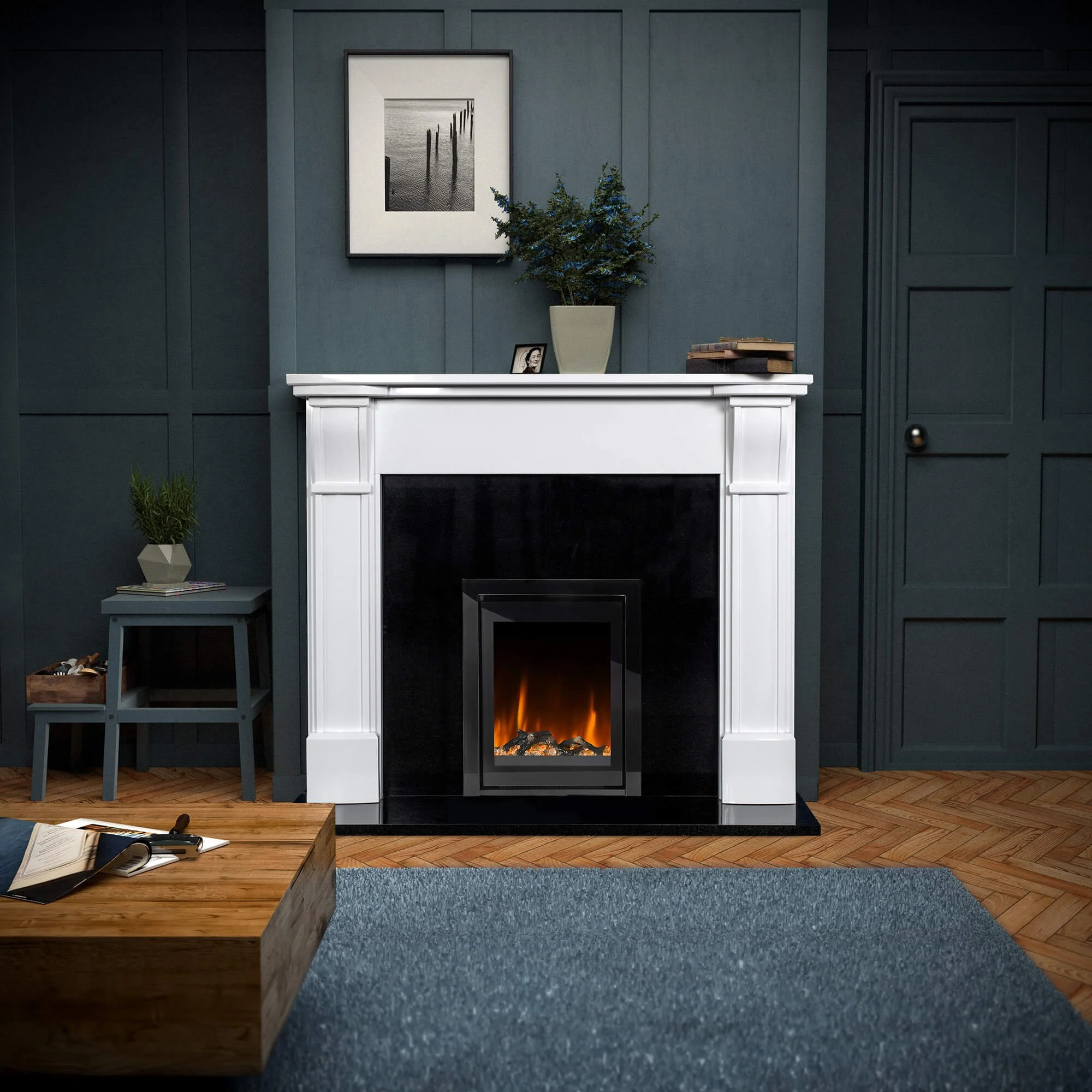 Ezee Glow Pulse Black Inset Electric Fire with white fireplace