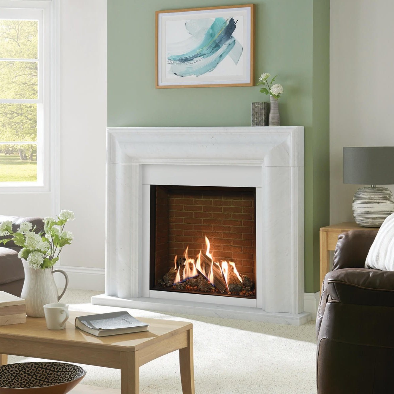 Gazco Reflex 75T Edge with Brick effect lining, Grafton Antique white marble mantel with matching slip set and optional small antique white marble hearth