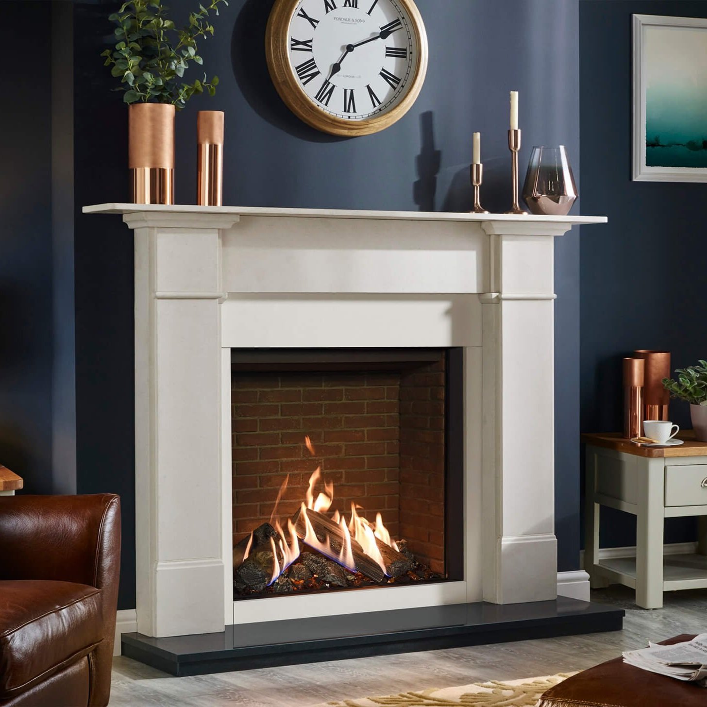 Gazco's Reflex 75T Edge with brick effect lining and Claremont Mantel