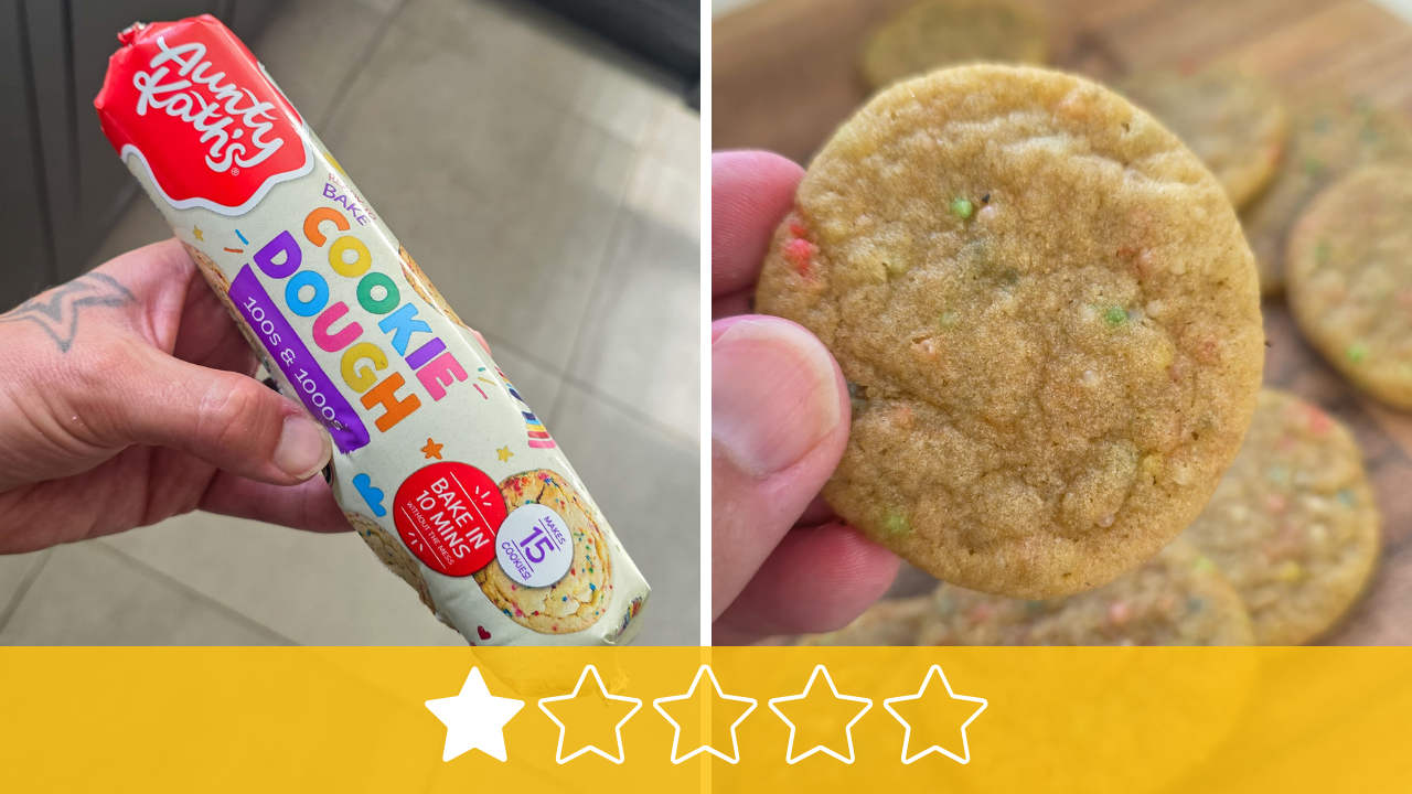 Aunty Kath's 100s & 1000s cookie dough packaging and cookie with star rating