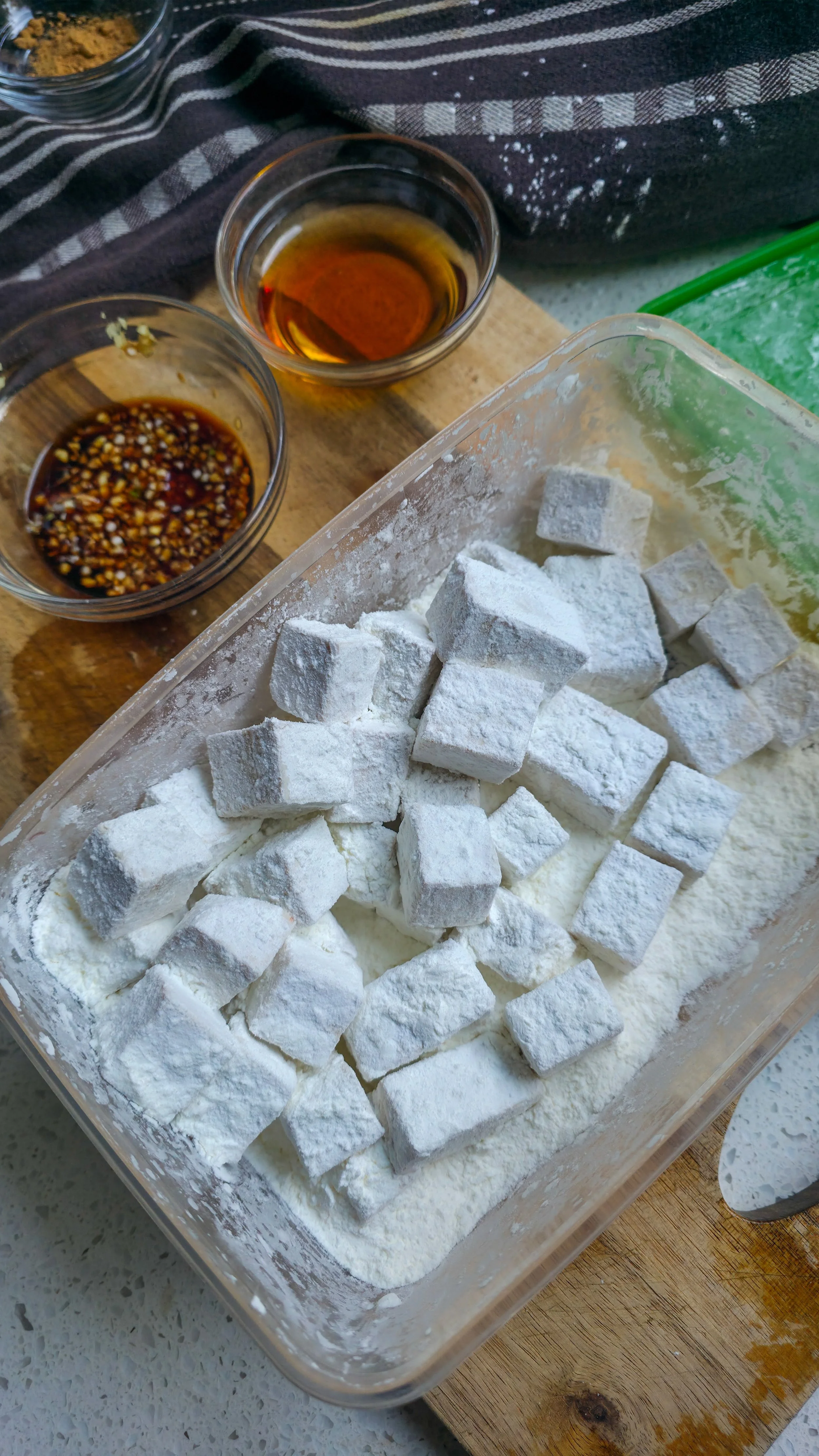 tofu cubes coated in cornflour