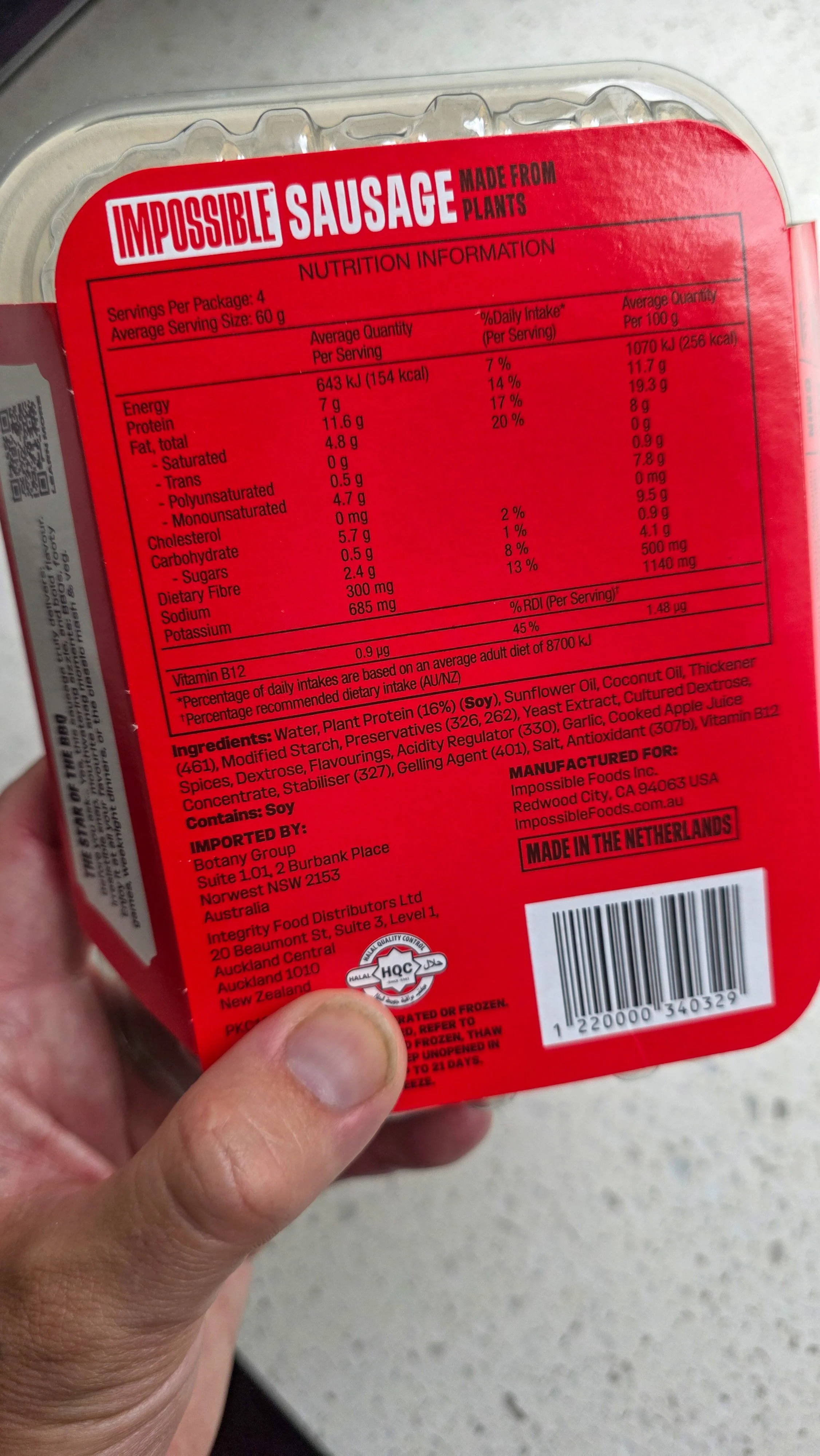 Impossible sausage nutrition panel