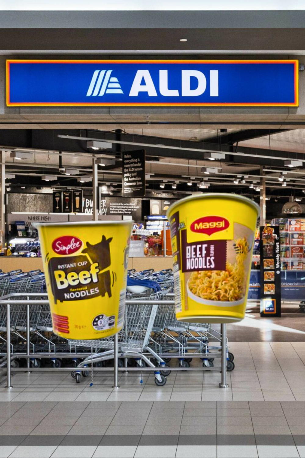 ALDI store comparison ALDI Beef Noodles and Maggi Beef Noodle Cup