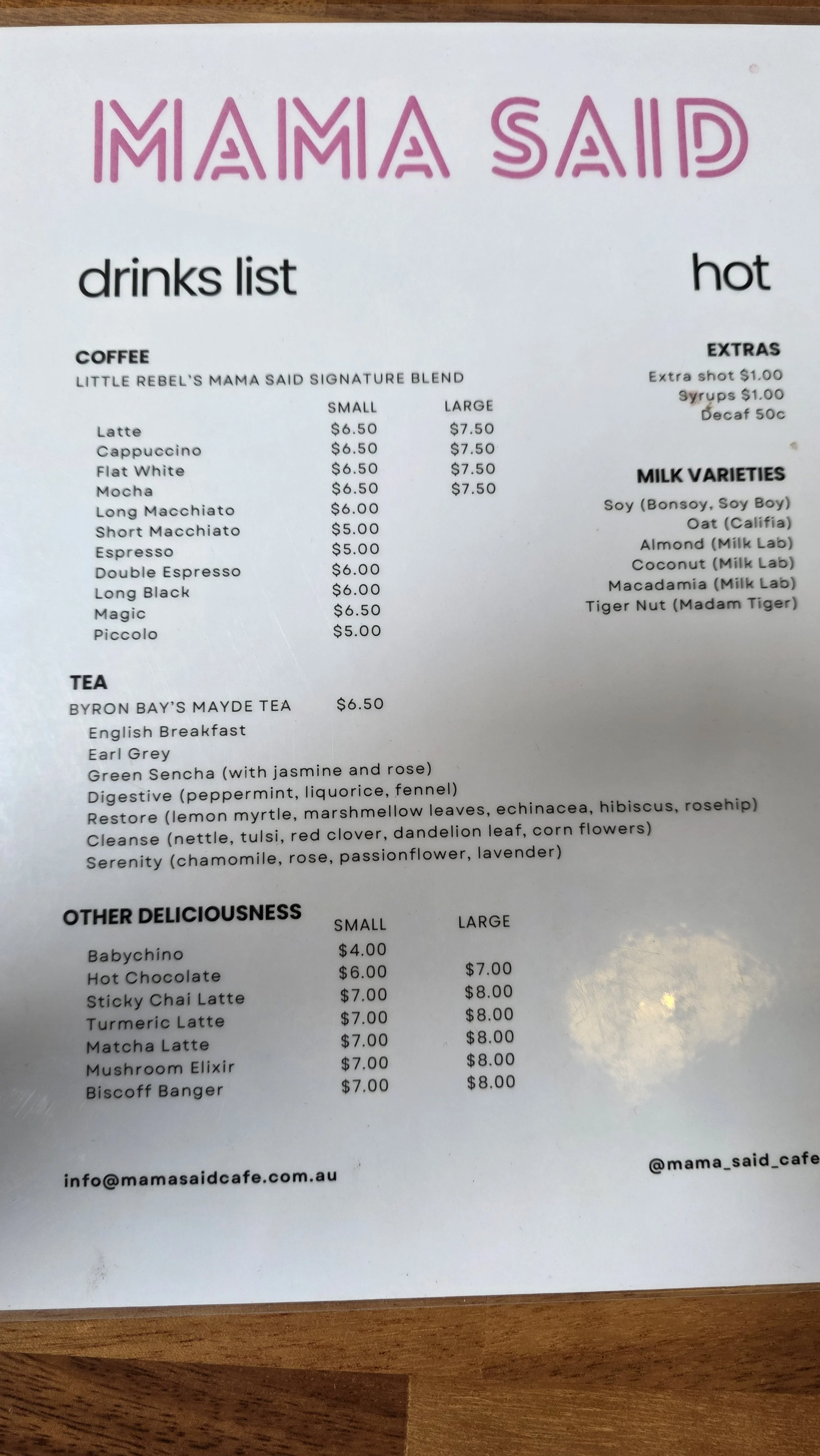 Mama said cafe drink menu