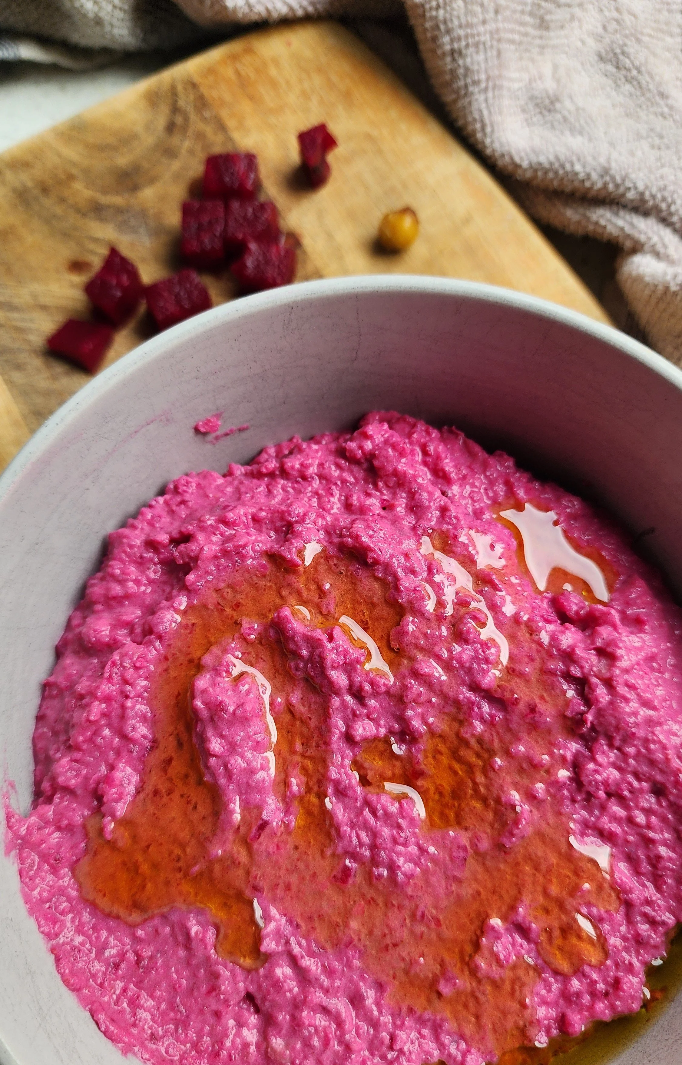 beetroot hummus in a bowl