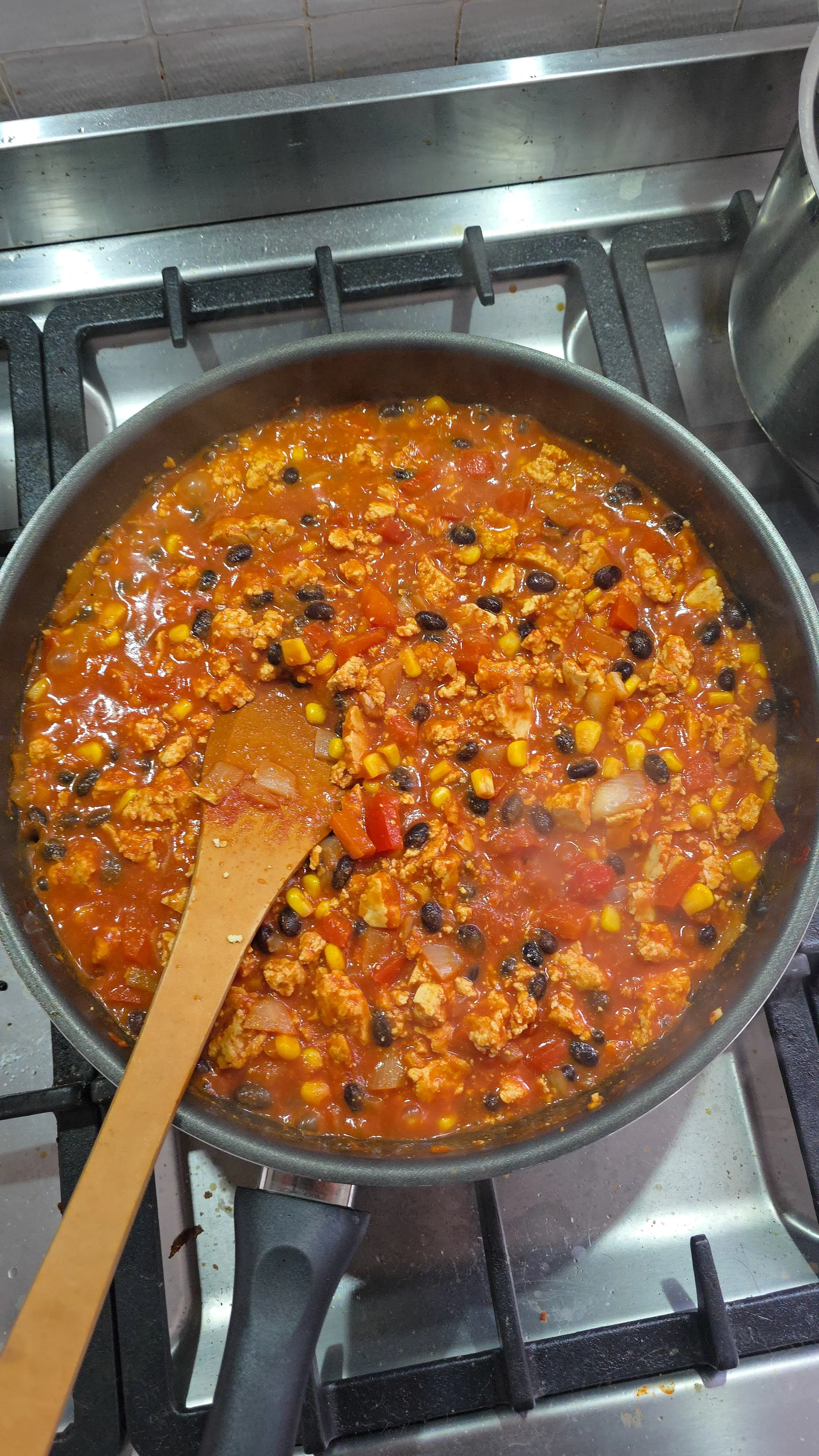 Mexican tofu pasta bake mixture in frypan