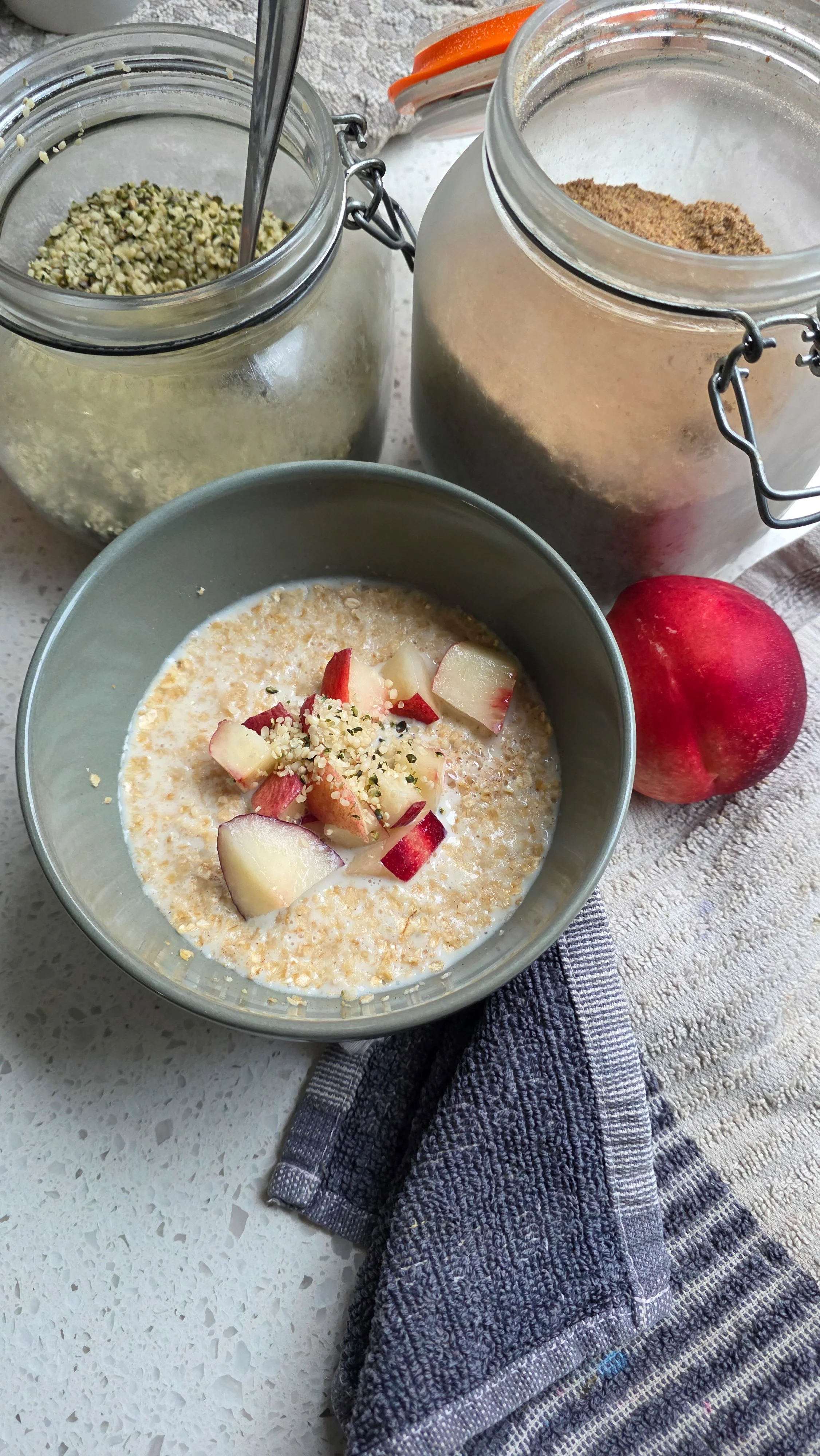 Vegan kids breakfast with rolled oats, hemp seeds and flaxmeal