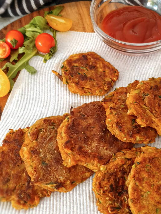 Zucchini fritters on a chopping board