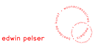 Red text stating 'edwin pelser' and a circular text reading 'woonaaccessories, woonkunst, kunst, handgeschilderd, '