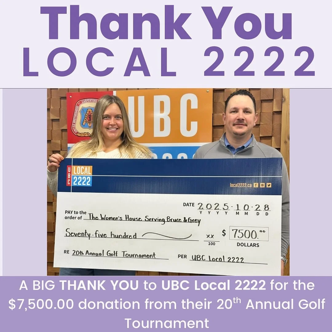 💜𝑻𝒉𝒂𝒏𝒌 𝒀𝒐𝒖💜

Many Thanks to UBC Local 222 for the $7,500.00 donation from their 20th anniversary Golf Tournament🏌️&zwj;♂️ 
@ubclocal2222 
#whsbg #womenshouse #ubclocal2222 #kincardinestrong #brucecounty