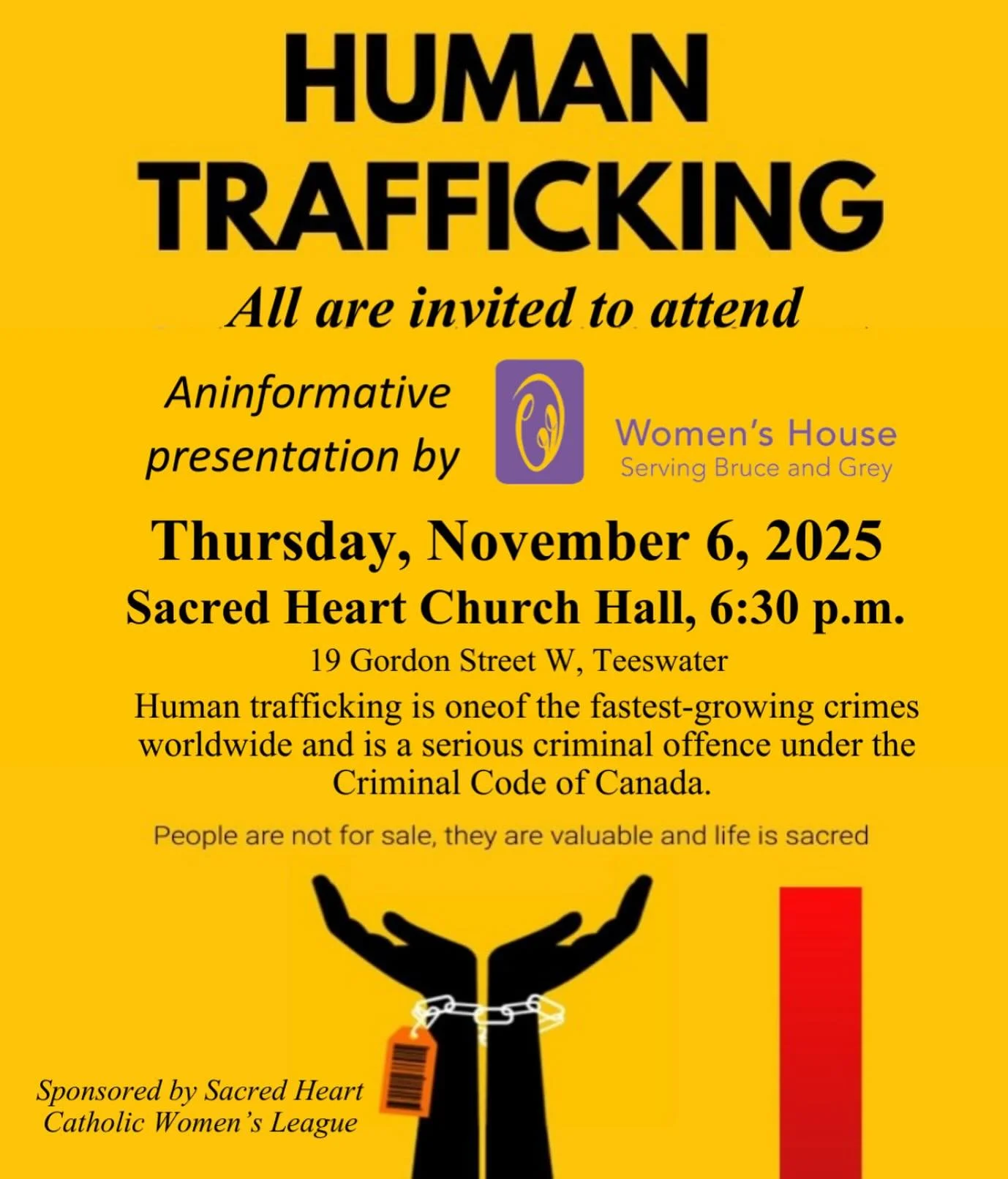 Come join us in Teeswater at the Sacred Heart Church Hall on November 6th at 6:30pm. 
Sponsored by Sacred Heart Catholic Women&rsquo;s League.