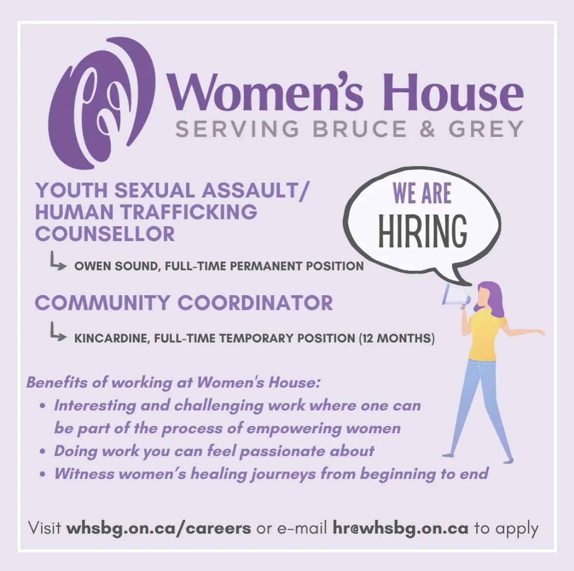 For more information, visit WHSBG.on.ca, or e-mail hr@whsbg.on.ca.