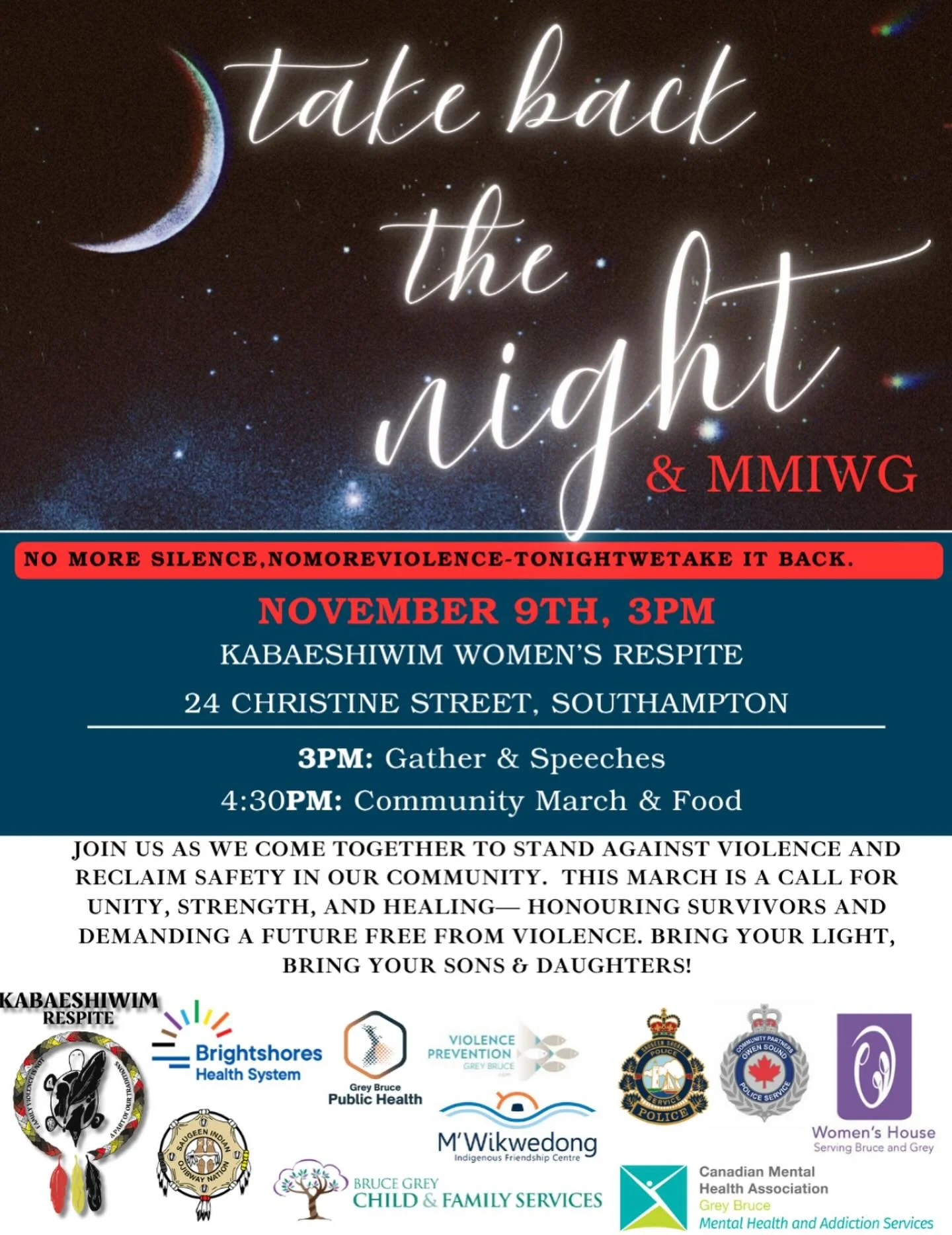 Join us as we come together to stand against violence and reclaim safety in our community. This March is a call for Unity, Strength, and Healing. Honouring survivors and demanding a future free from violence. Bring your light, bring your sons and dau