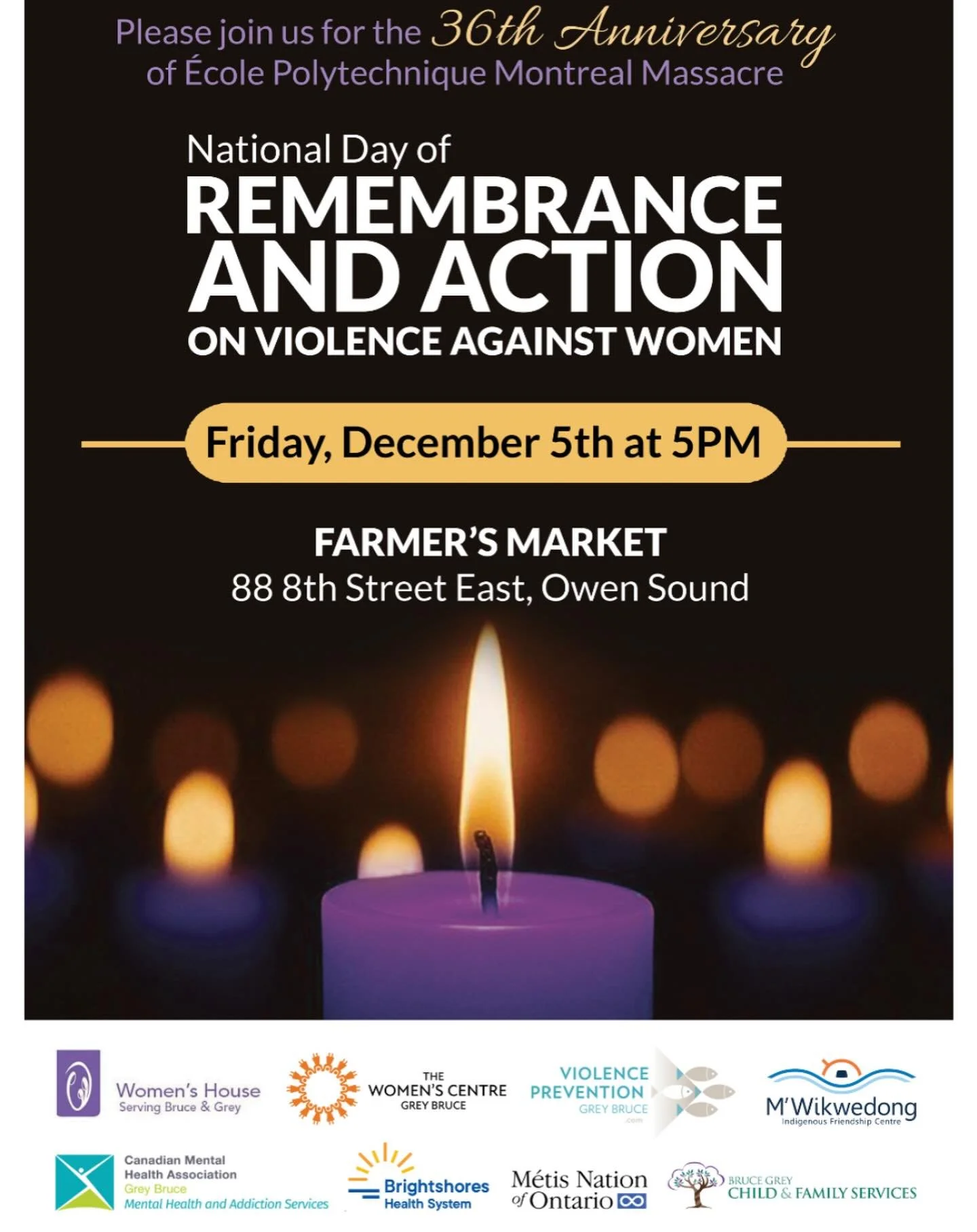 Please join us, Friday December 5th at Farmer&rsquo;s Market, Owen Sound for the 36th Anniversary of &Eacute;cole Polytechnique Montreal Massacre. 

#whsbg #womenshouse #owensound #greybruceowensound #greycounty #dec6thvigil