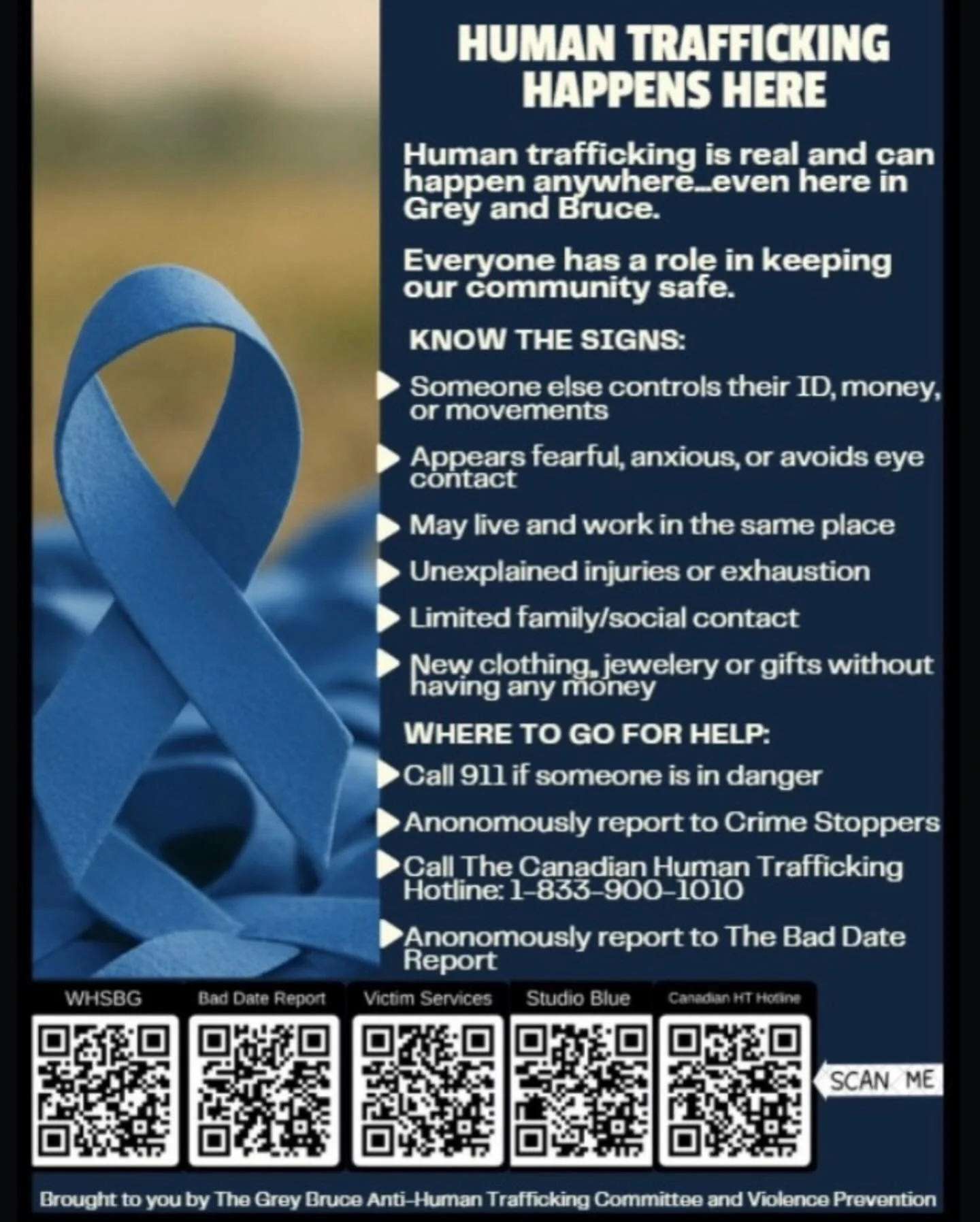 𝙃𝙪𝙢𝙖𝙣 𝙏𝙧𝙖𝙛𝙛𝙞𝙘𝙠𝙞𝙣𝙜 𝙃𝙖𝙥𝙥𝙚𝙣𝙨 𝙃𝙚𝙧𝙚

Everyone has a role in keeping our Community safe. 
Follow along with these resources, know the signs. Human Trafficking is REAL and can happen anywhere, even here in Grey and Bruce. 

#whsbg