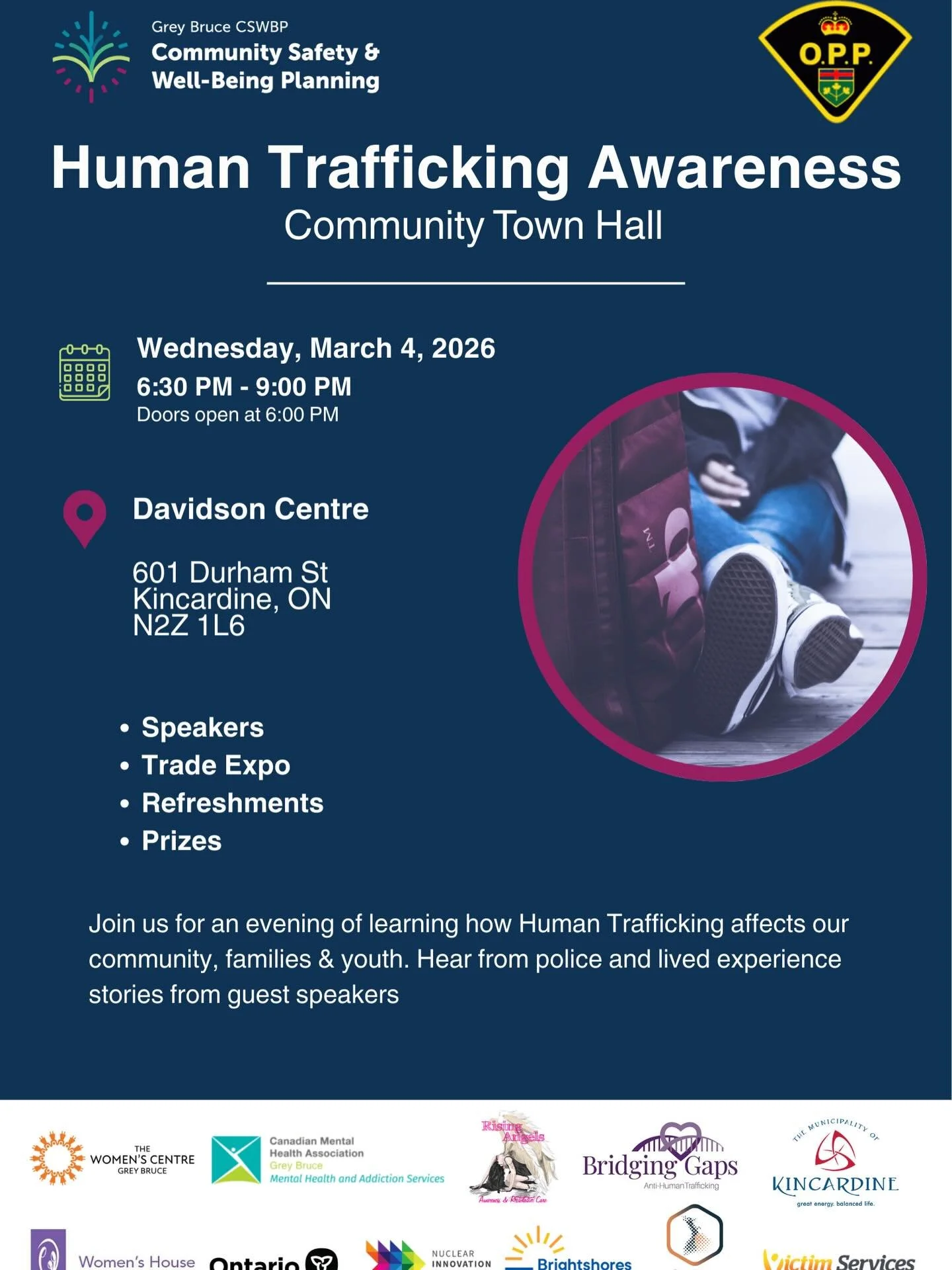 Our Community Town Hall will be visiting your town next month. March 4th in Kincardine and March 11th in Walkerton. 
Come learn how Human Trafficking affects our community and hear lived experience stories from guest speakers and our local police. 
#