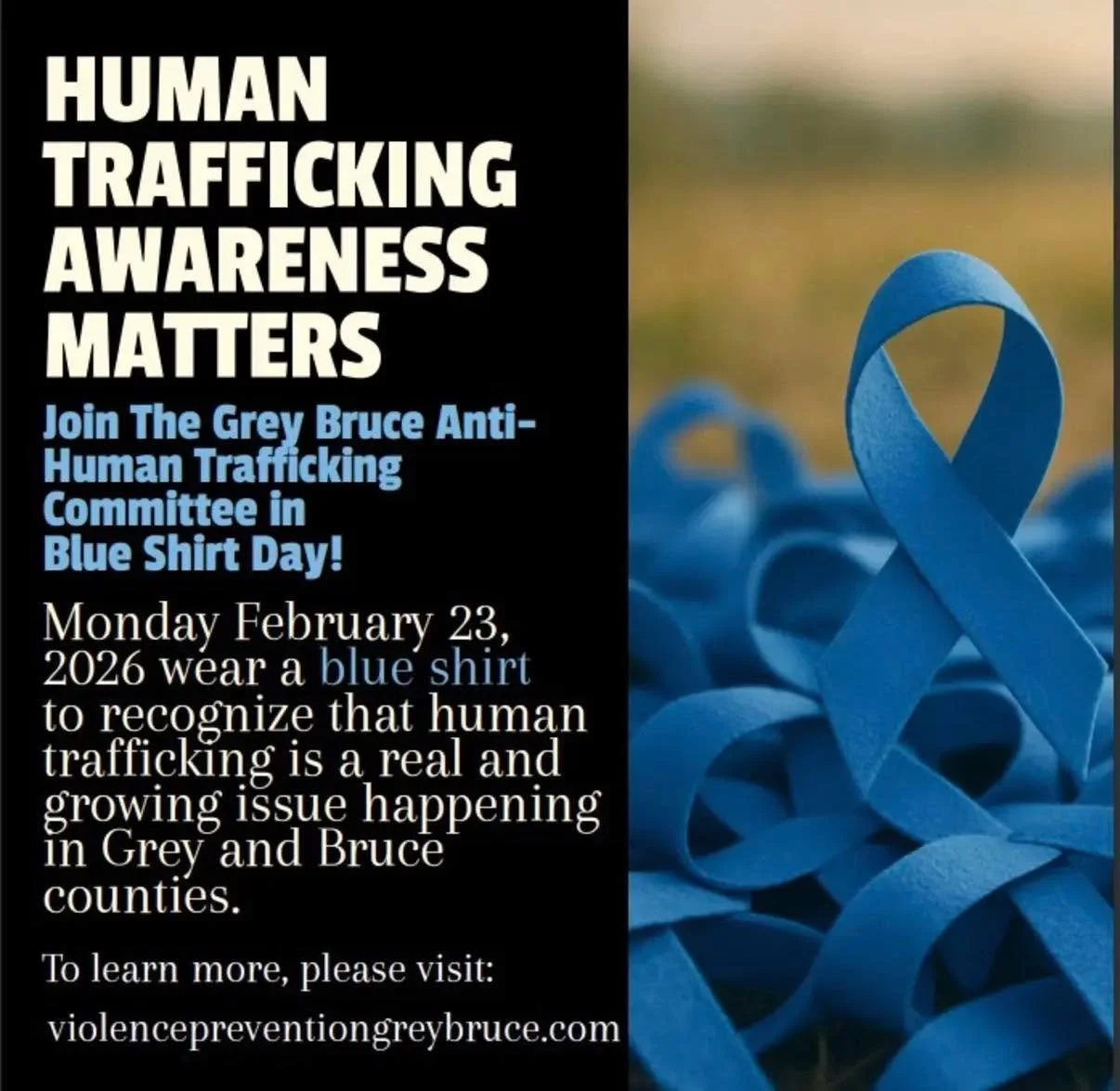 Monday February 23rd wear a blue shirt to recognize that Human Trafficking is a real and Growing issue happening in Grey and Bruce counties. 

To learn more, visit:
www.violencepreventiongreybruce.com
Violence Prevention Grey Bruce

#violencepreventi
