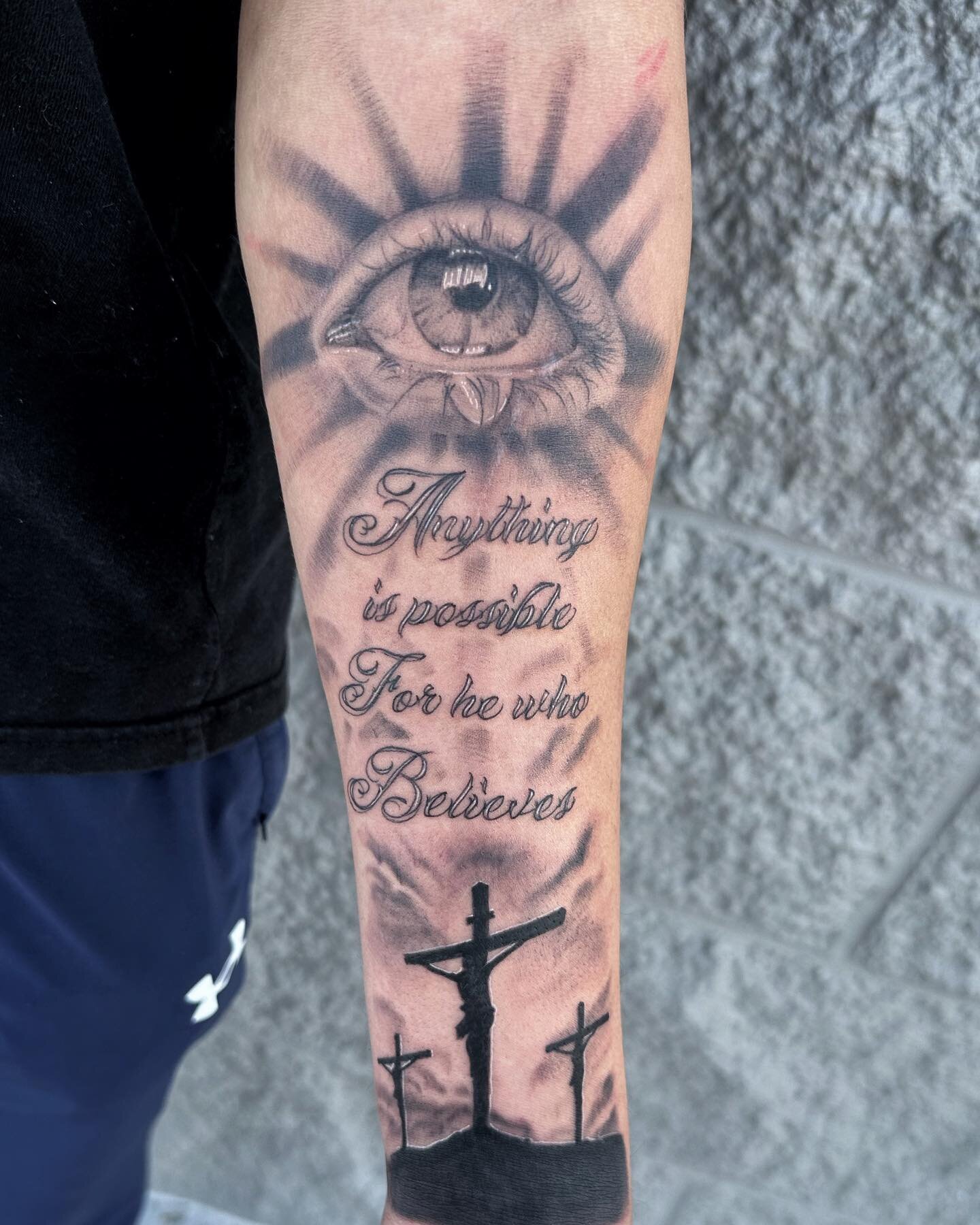 &ldquo;Anything is possible for he who believes&rdquo; 🙏🏽✨Just knocked this out, bring &lsquo;em tattoos over 😮&zwj;💨 #christian #christiantattoos #tattoo #tattooartist #realism #realismtattoo #blackandgrey #blackandgreytattoo #nwa #nwatattoo #nw