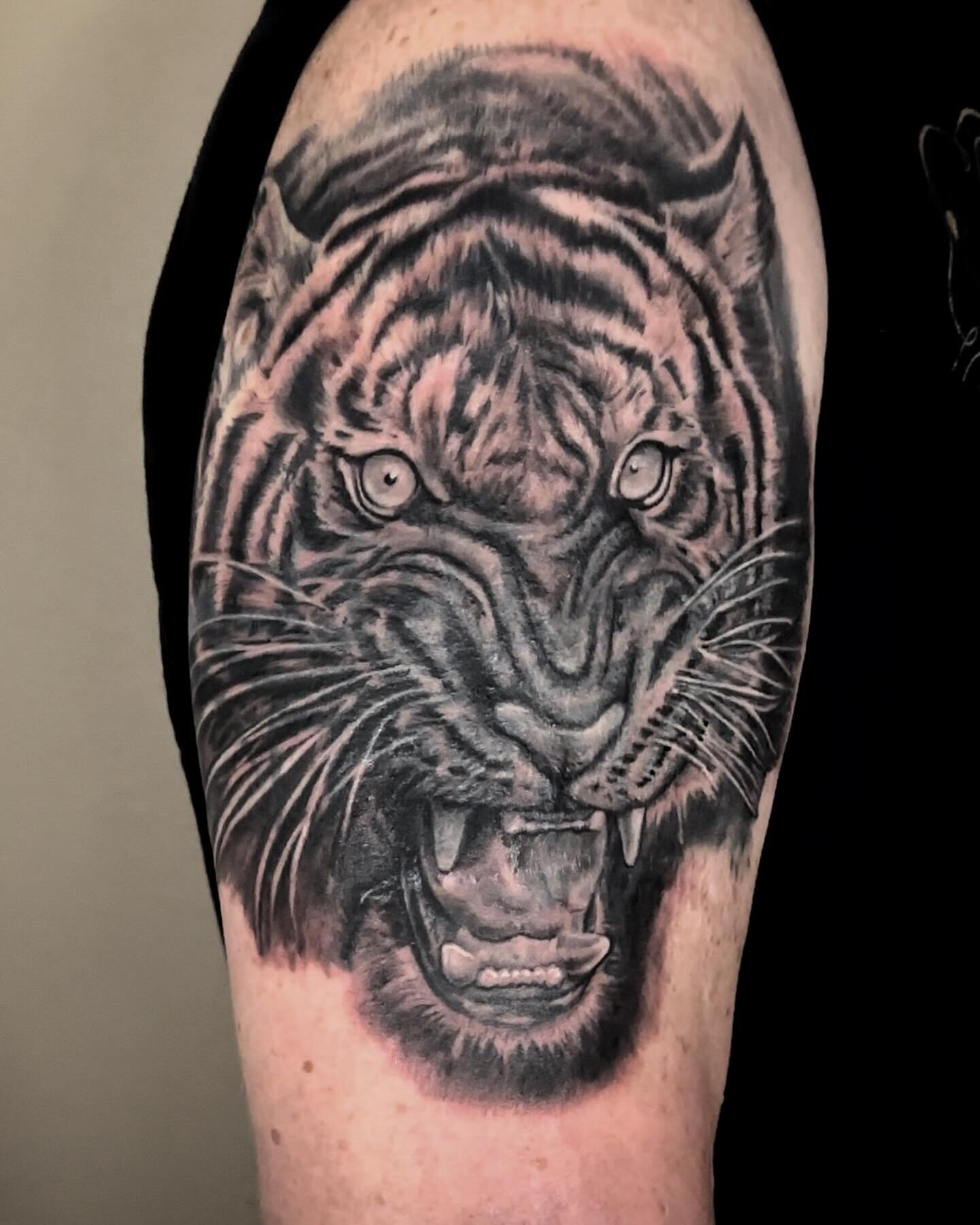 Scar/Tattoo coverup done by yours truly ✨ This piece was such a mission but we got it done!💪🏽🔥 swipe to see the OG😮&zwj;💨 #scarcoveruptattoo #coveruptattoo #coverup #blackandgrey #blacktattoo #realism #tiger #tigertattoo #arkansas #arkansastatto