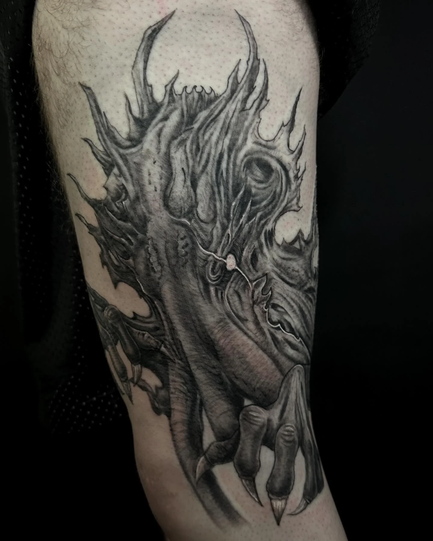 Big Boy Banger 😤🔥 Kthulu addition to our leg sleeve project🤘🏽 #blackwork #blackworktattoo #blackandgreytattoo #arkansas #arkansastattoos #arkansastattooartist #nwatattoo #nwa #arkansastattoo #dynamic #inkeeze #fkirons
