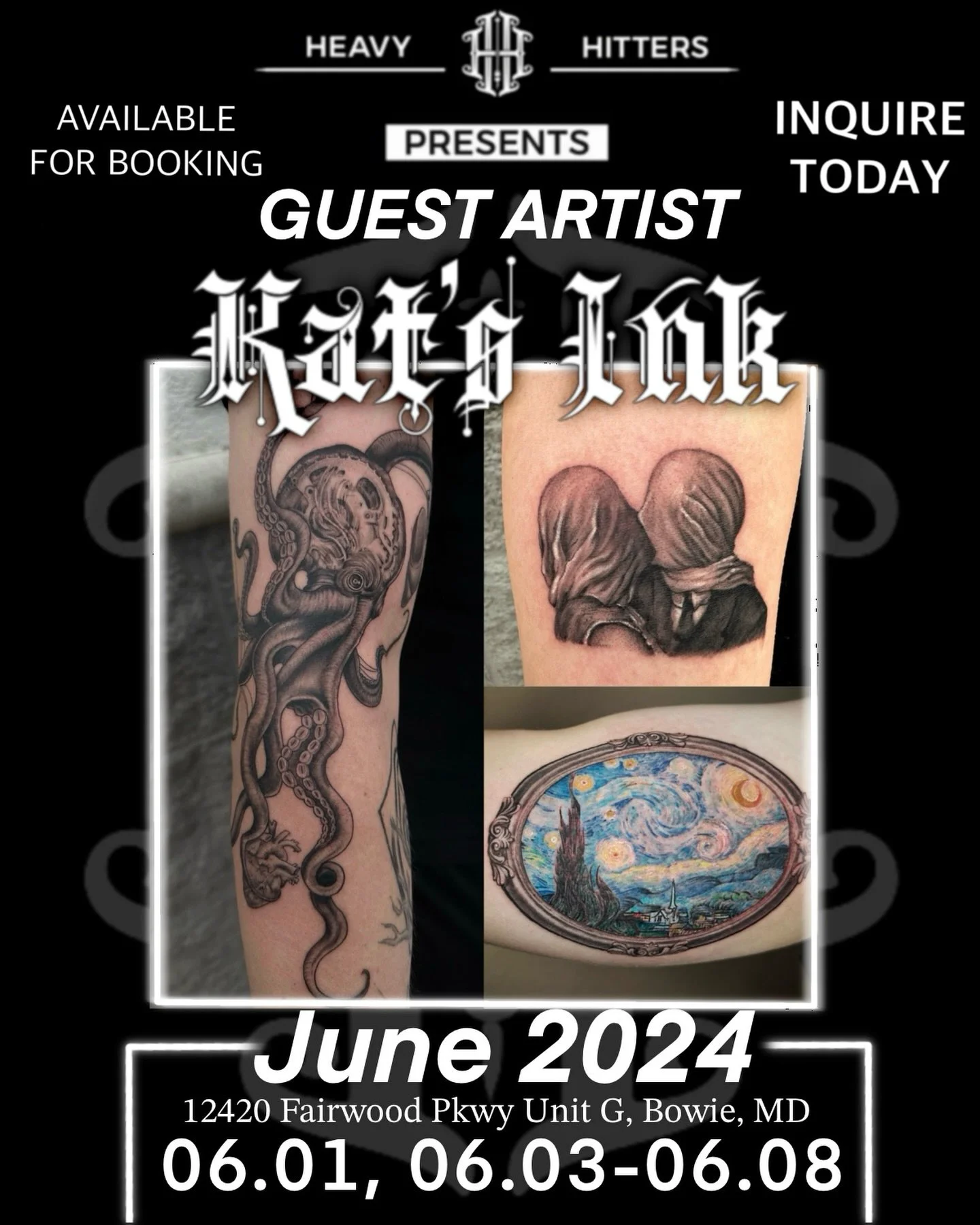 ✨🦀MARYLAND🦀✨

I will be a guest artist @heavyhittersink in Bowie, MD on June 1-8🤘🏽 
If you are interested in booking, feel free to DM me your inquiries
 $60 deposit is required to lock in your time, but it will go towards the final price of the t