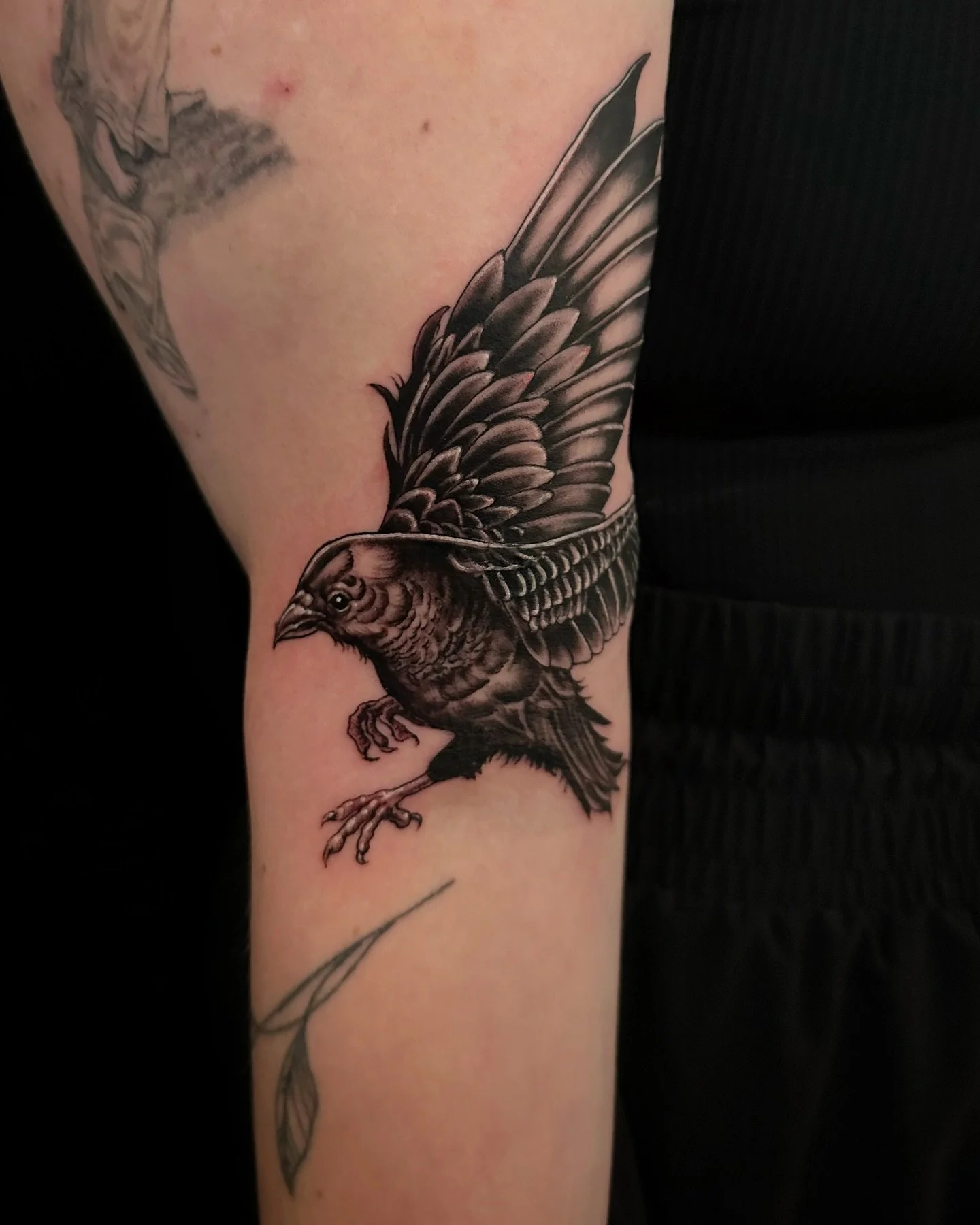 Crow baby has been added  to the mix🐦&zwj;⬛✨ (It&rsquo;s a coverup 🥸) #coverup #coveruptattoo #blackandgrey #blackandgreytattoo #arkansas #arkansastattoos #arkansastattooartist #arkansasartist #nwa #fkirons #pantera #dynamicink #inkeeze