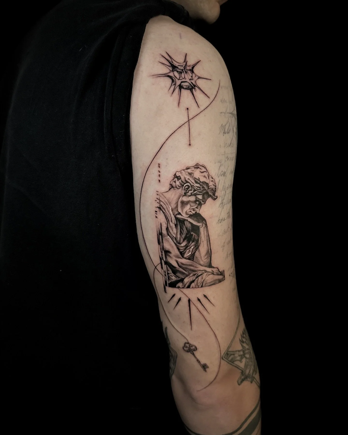 Thinking man and Icarus 👤✨🪽 #blackandgreytattoo #blackandgrey #fineline #finelinetattoo #nwa #arkansas #arkansastattoos #arkansastattooartist #arkansasartist #rogersarkanas