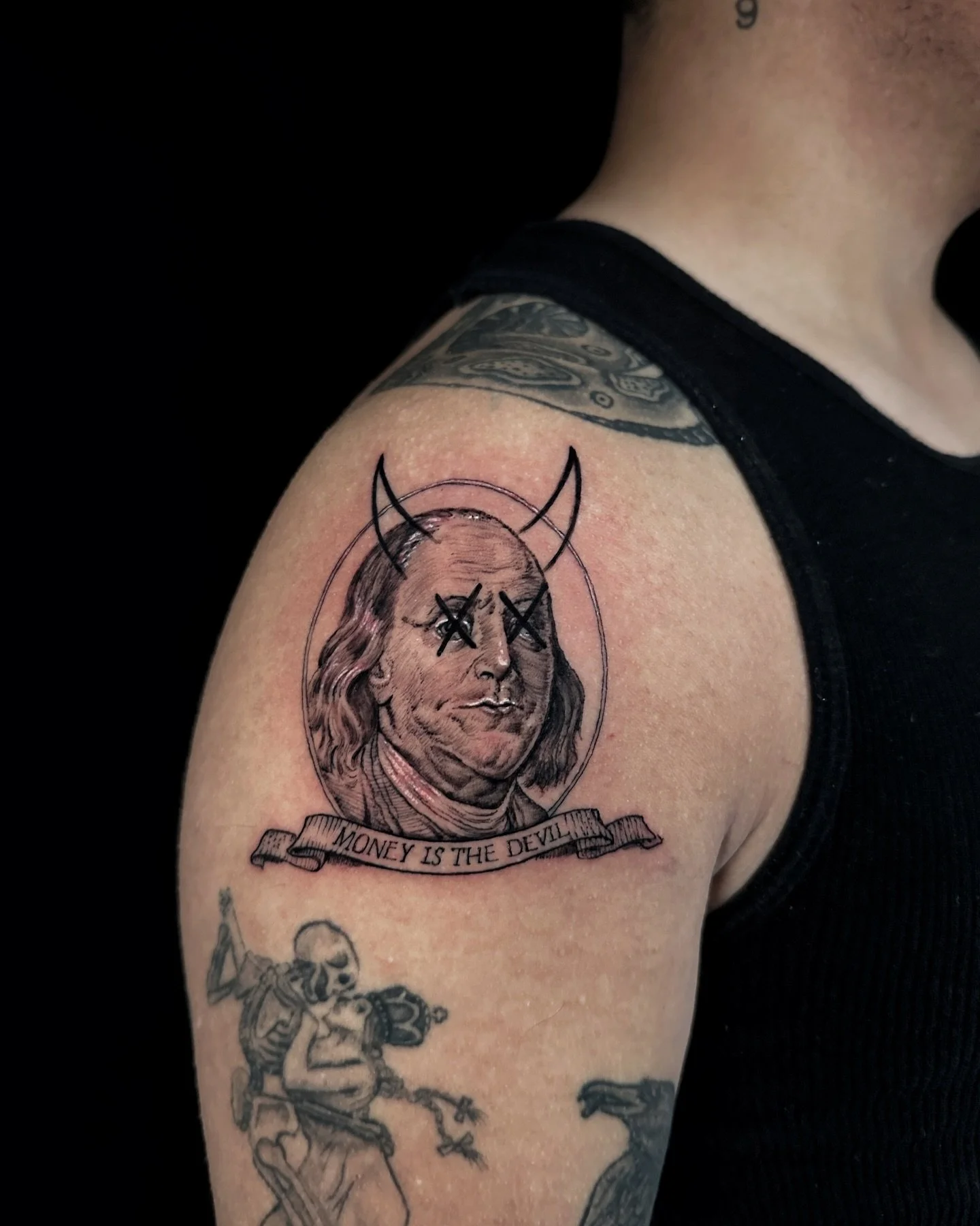 &ldquo;MONEY IS THE DEVIL&rdquo; Ben Franklin money print type beat🔥💸🤑such a fun and different style! #blackandgreytattoo #blackwork #3rl #micro #rogers #rogersarkansas #arkansastattoos #arkansasartist #arkansastattooartist