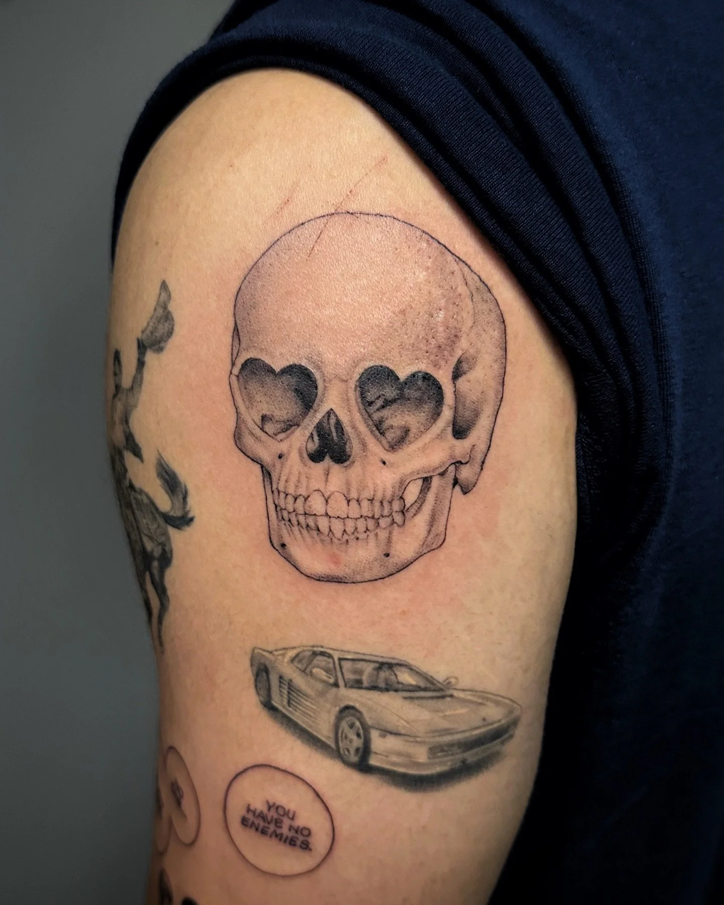 Heart eye skull + Vinland Saga manga panel for Ken! 🔥 ft healed cowboy and White Ferrari ✨🤙🏽 Shout out to him he drives 4 hrs to see me 🥹🫶🏼 #arkansas #arkansastattoos