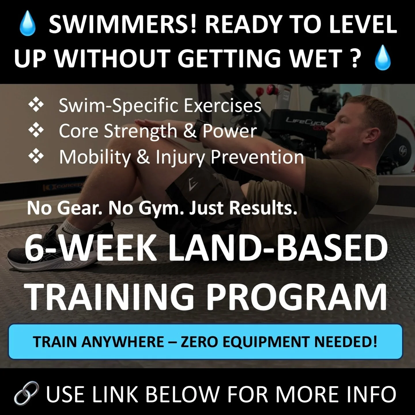 💧𝗦𝗪𝗜𝗠𝗠𝗘𝗥𝗦! - 𝗥𝗘𝗔𝗗𝗬 𝗧𝗢 𝗟𝗘𝗩𝗘𝗟 𝗨𝗣 𝗪𝗜𝗧𝗛𝗢𝗨𝗧 𝗚𝗘𝗧𝗧𝗜𝗡𝗚 𝗪𝗘𝗧?💧

⬇️

Introducing my beginners 6-Week Land-Based Training Program 🏋️&zwj;♂️ &ndash; built just for swimmers. 
No pool. No gear. Just RESULTS 💪🏻

🏠 Train 