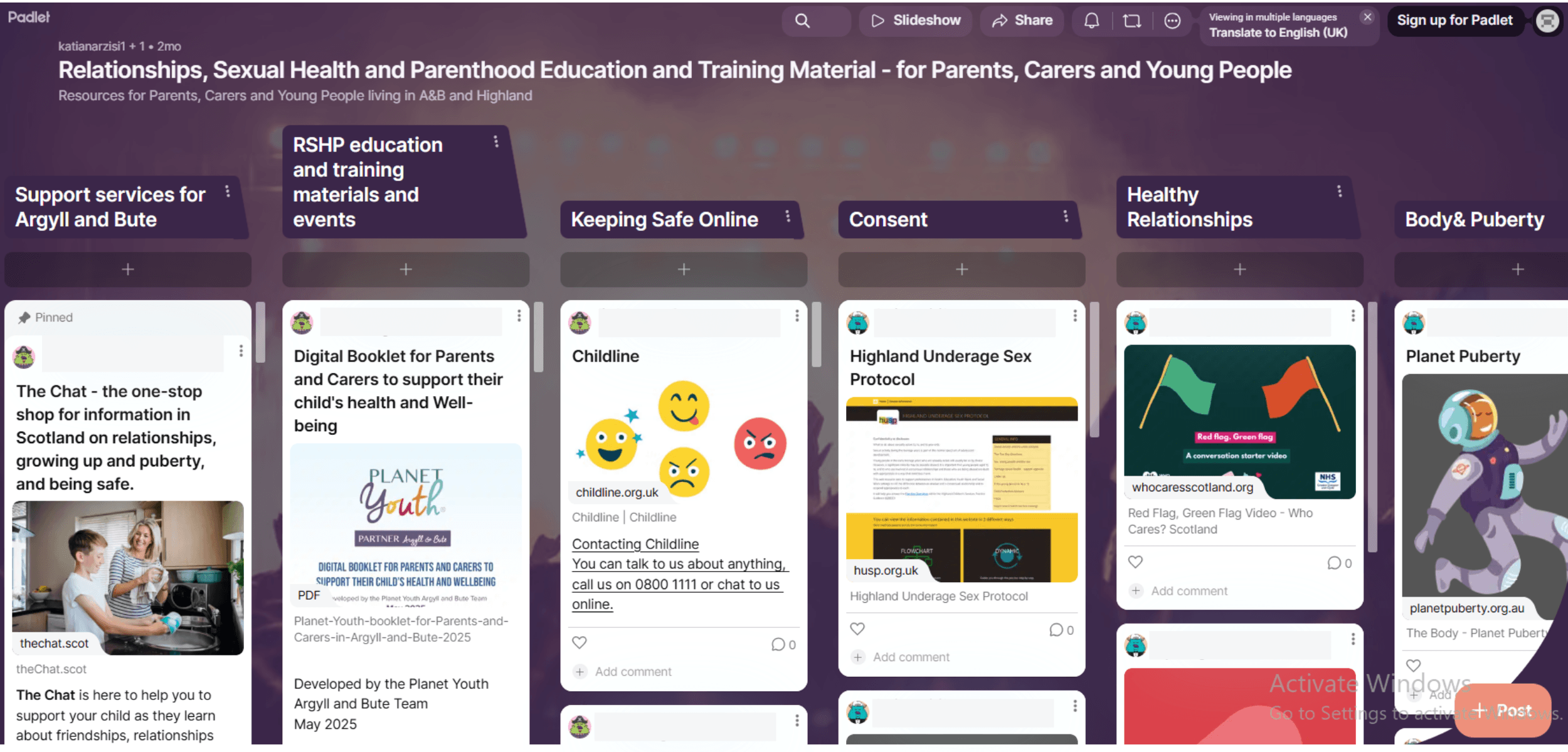 A screenshot of our padlet pinboard
