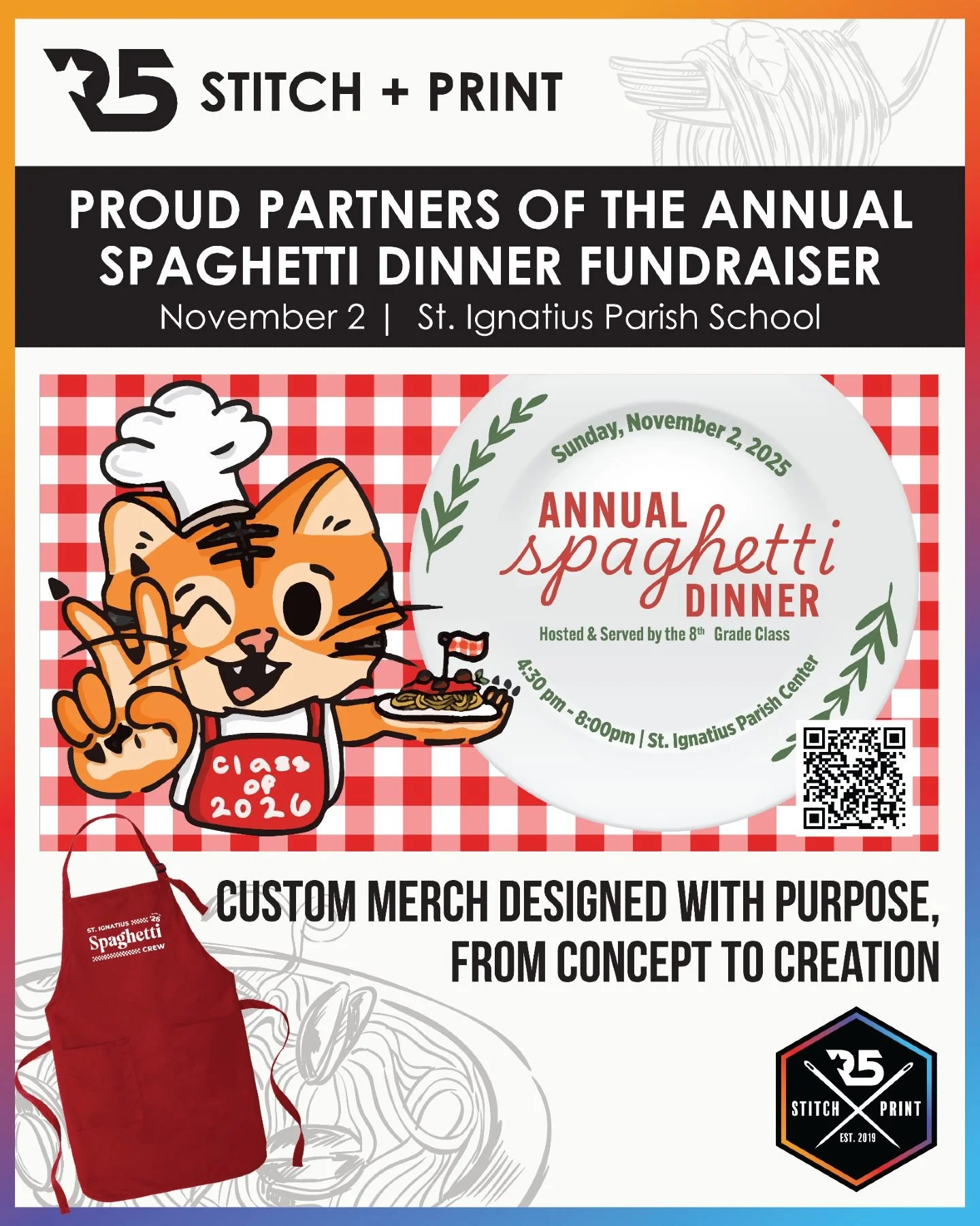 We’re proud to be supporting St. Ignatius 8th Grade Spaghetti Dinner this year! Supporting events like this is our way of giving back to the community that supports us every day. 
From custom gear to local partnerships, we believe that strong