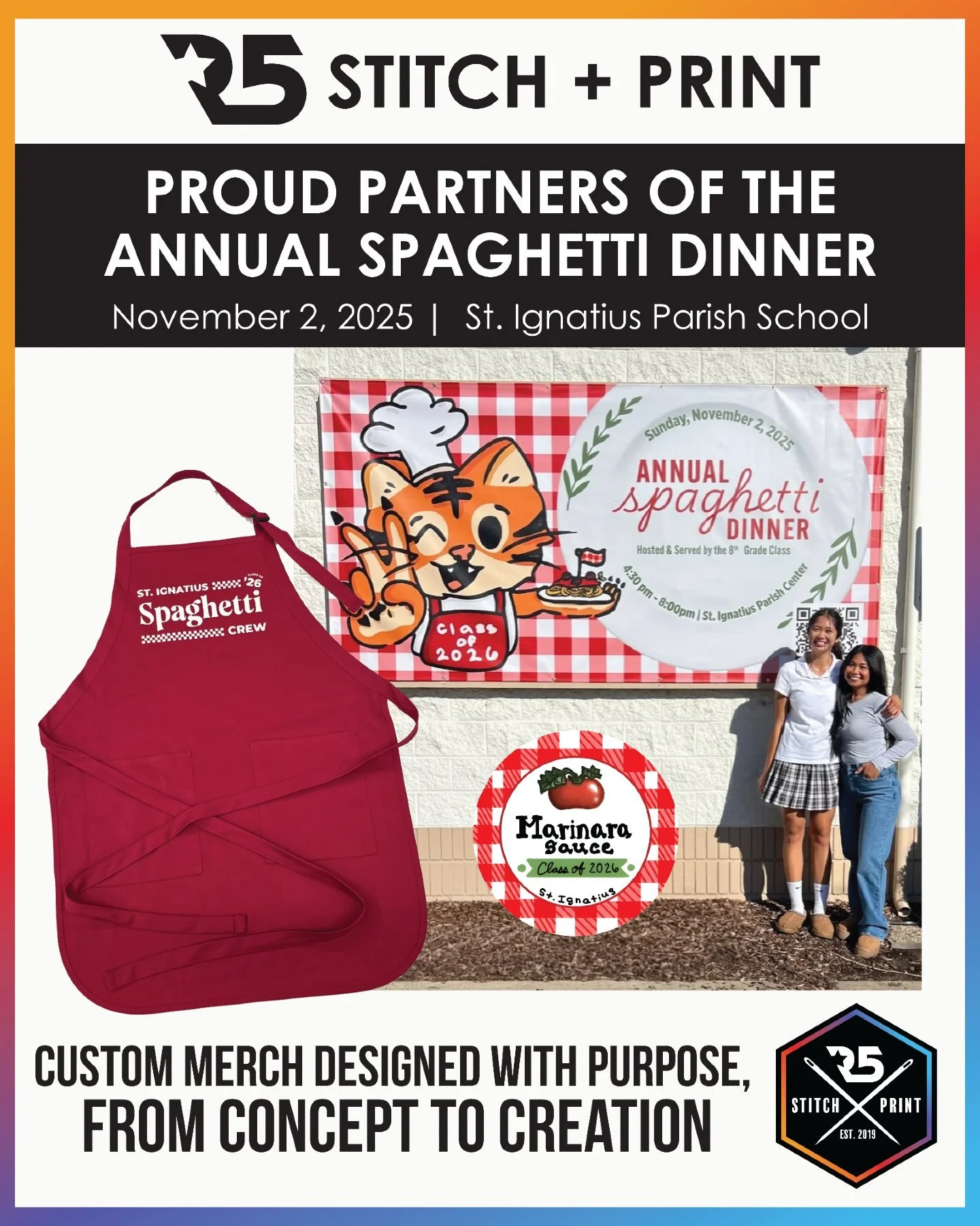 We’re thrilled to have partnered with St. Ignatius for their upcoming Spaghetti Dinner! 
From custom banners and aprons to branded details that brought everything together, it was an honor to help make their vision come to life. 
Don't forget