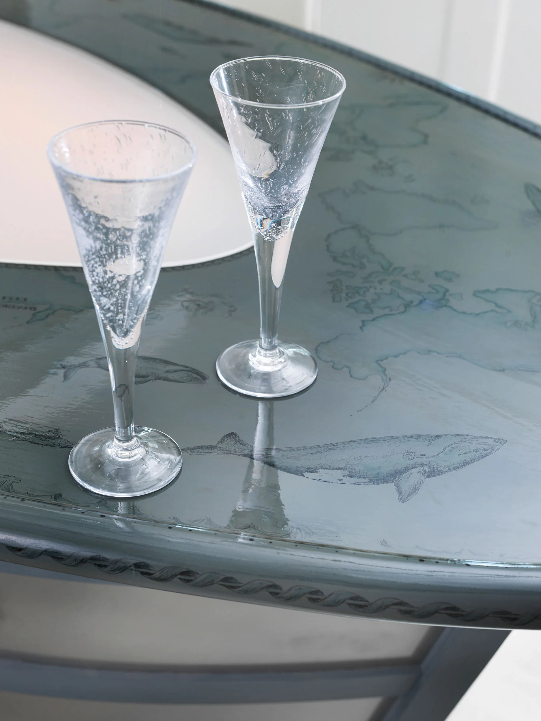 Bar Top with Whale Details and Two Champagne Glasses in a Nantucket Home