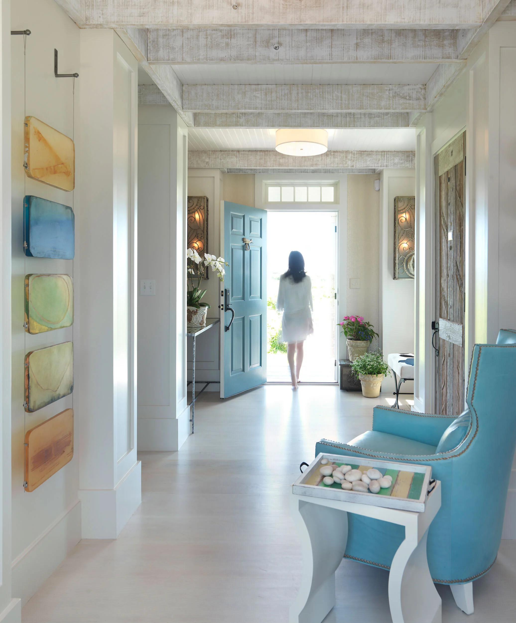 Colorful Entryway with Exposed Beams of Nantucket Home